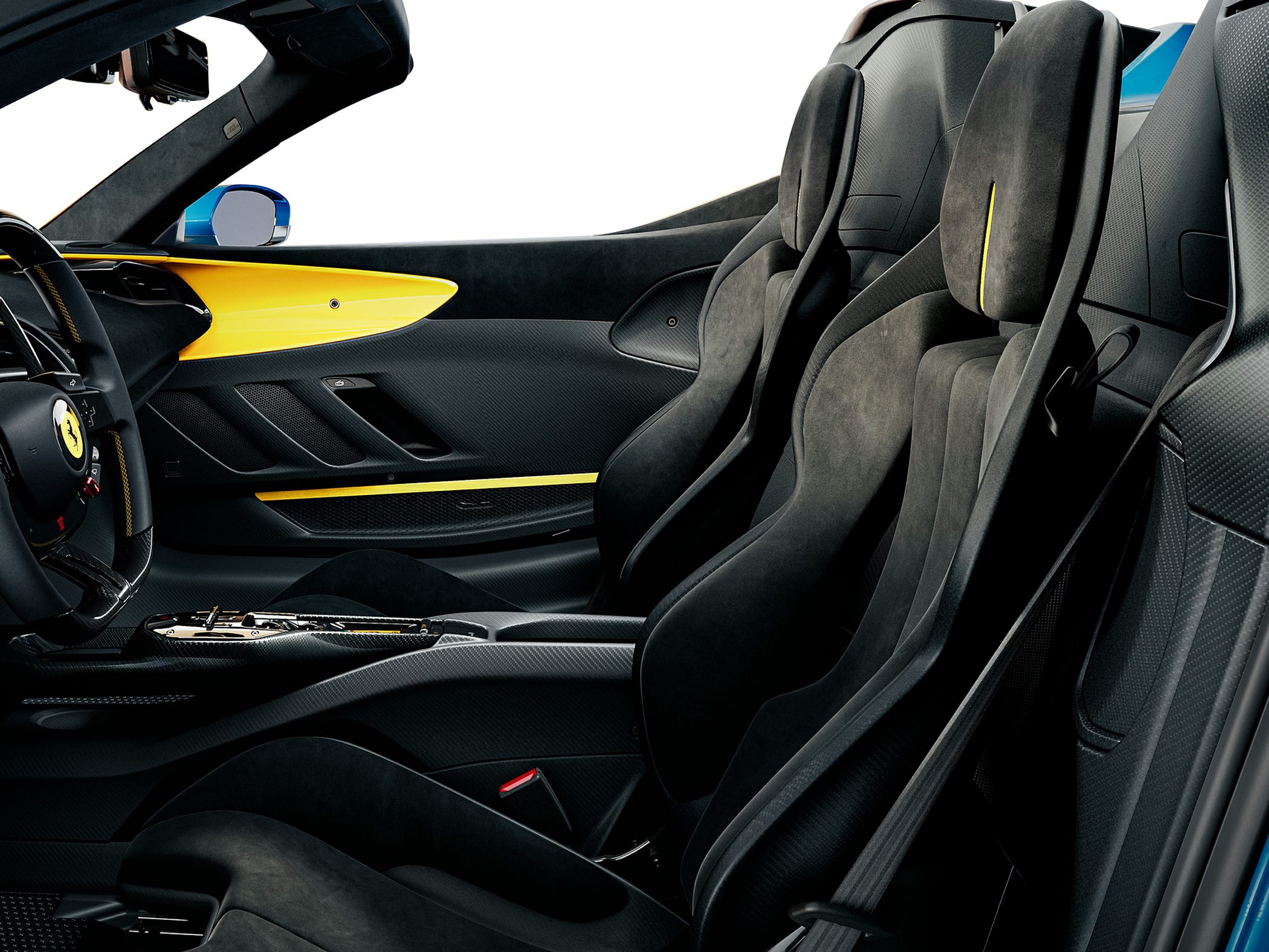 Carbon fiber trim and Alcantara racing seats with yellow accents interior