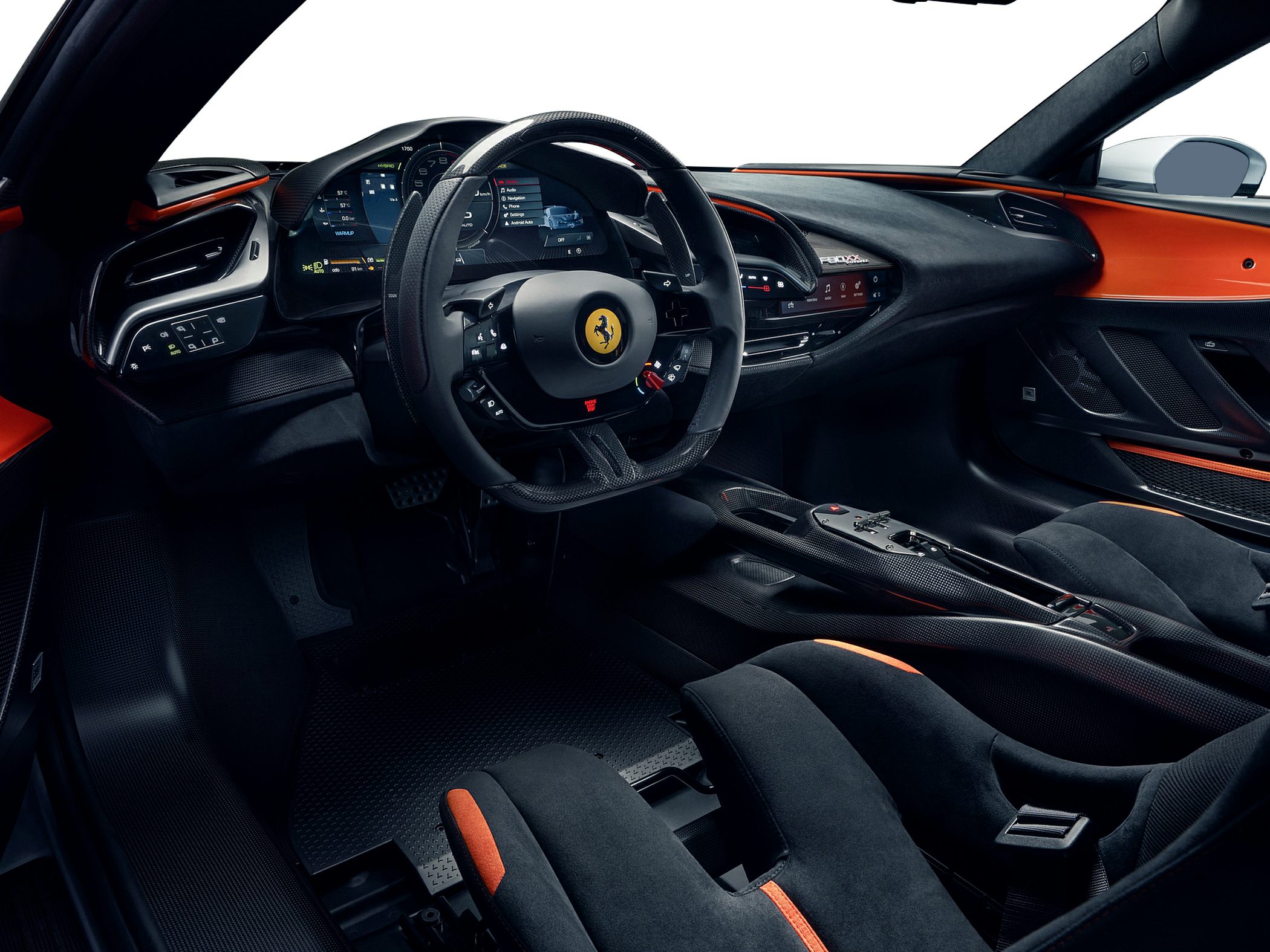 Modern car interior with digital dashboard and sporty steering wheel