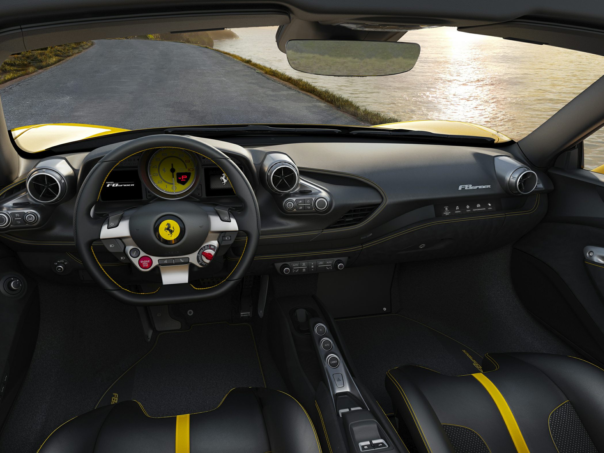 Sporty steering wheel and luxury dashboard with yellow tachometer