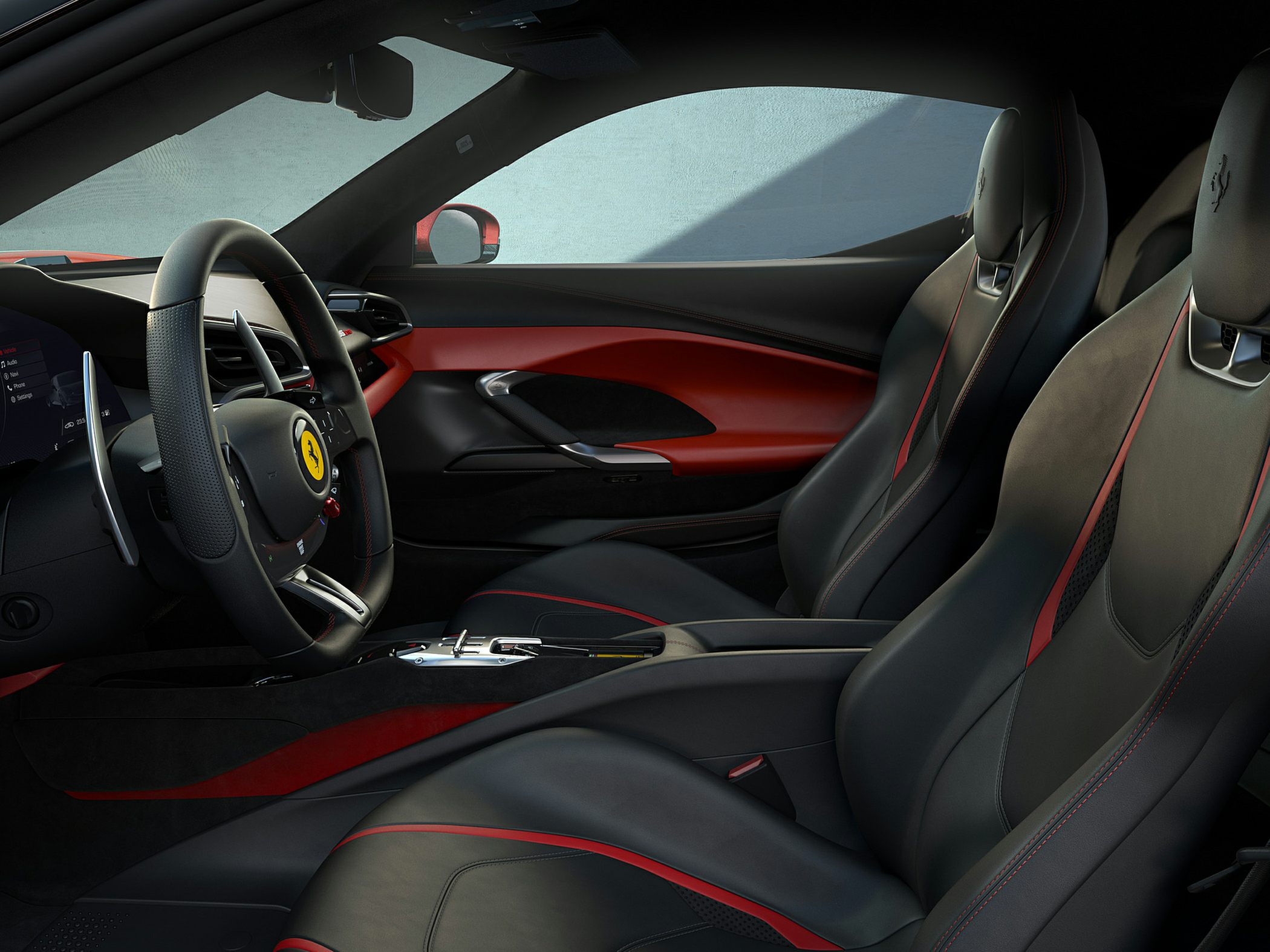 Sporty leather seats and advanced steering wheel in a luxury car interior