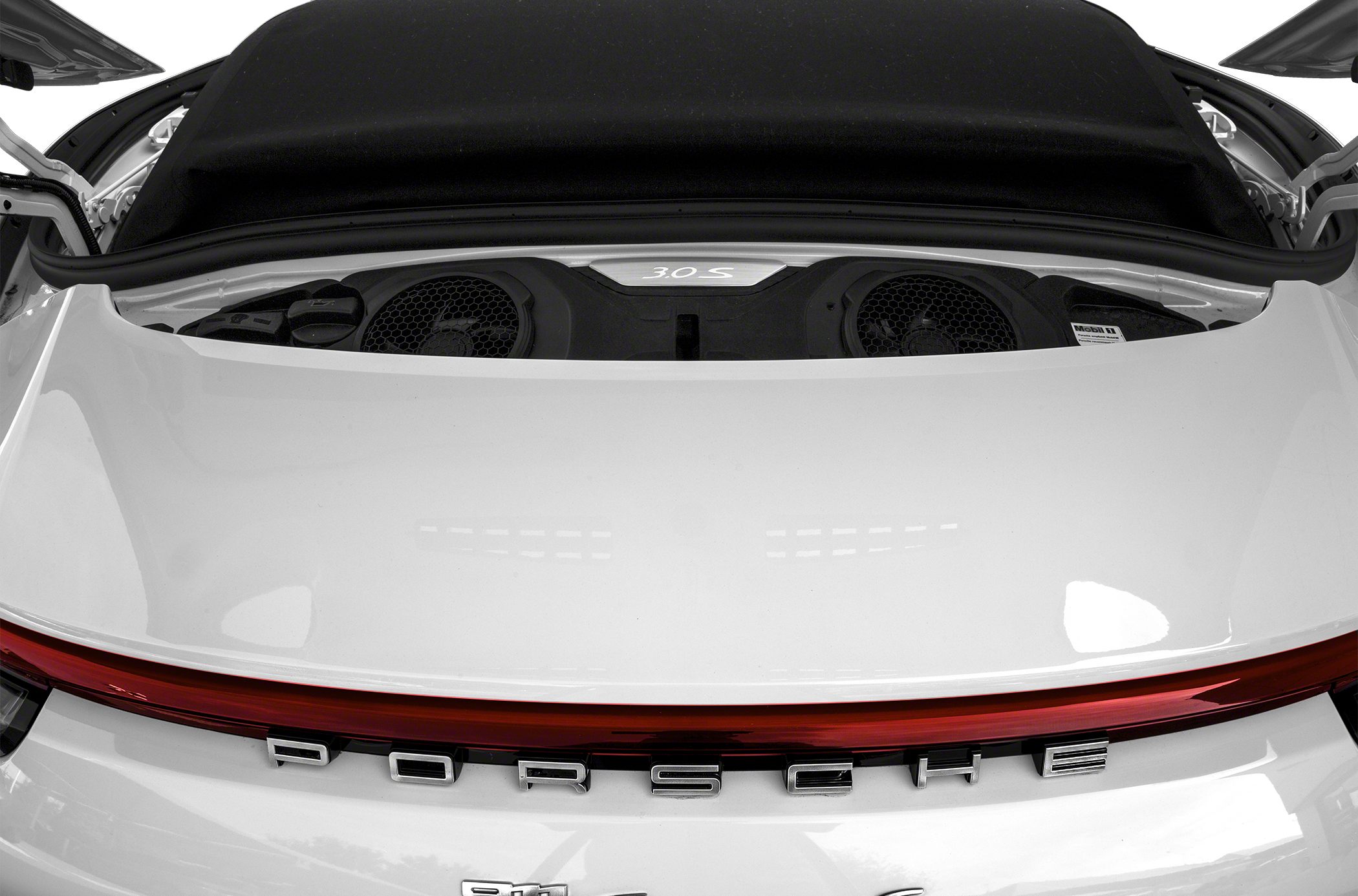 Rear engine compartment with 3.0 S badge and Porsche rear light strip