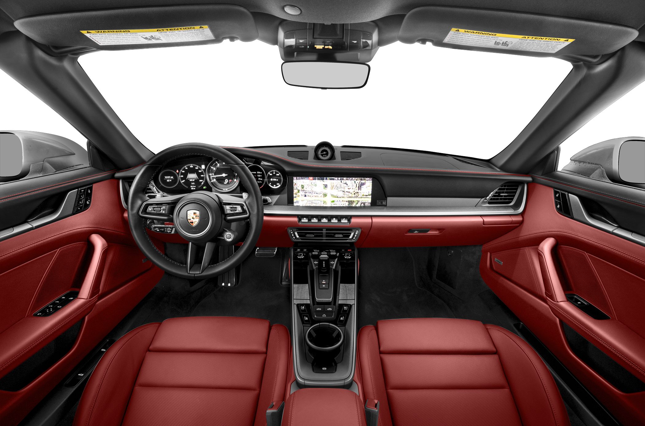 Luxurious red leather interior with advanced digital dashboard and steering wheel.
