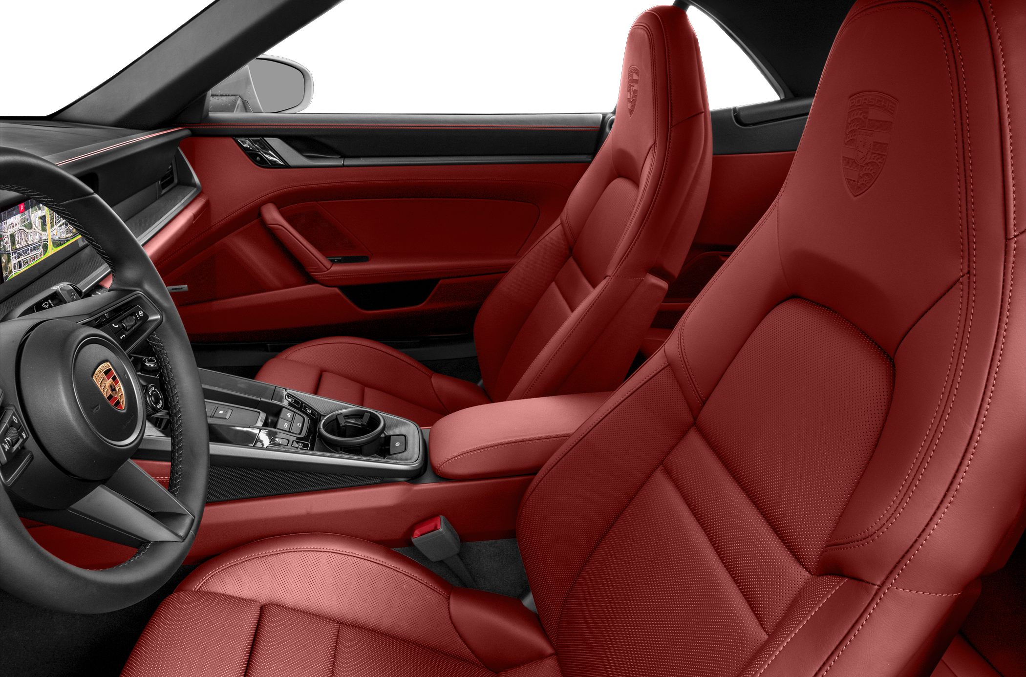 Red leather seats and advanced infotainment in luxury sports car interior