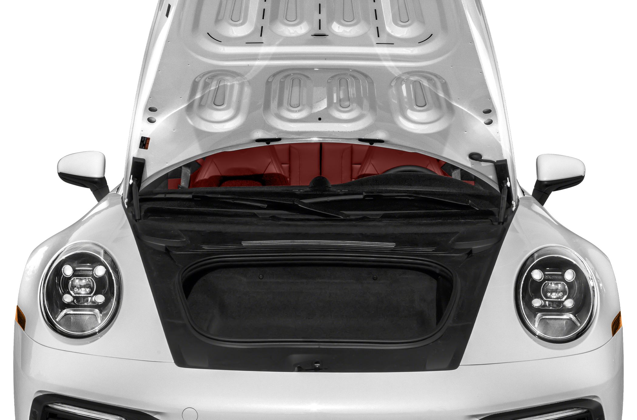 Open front trunk (frunk) with visible headlights and windshield