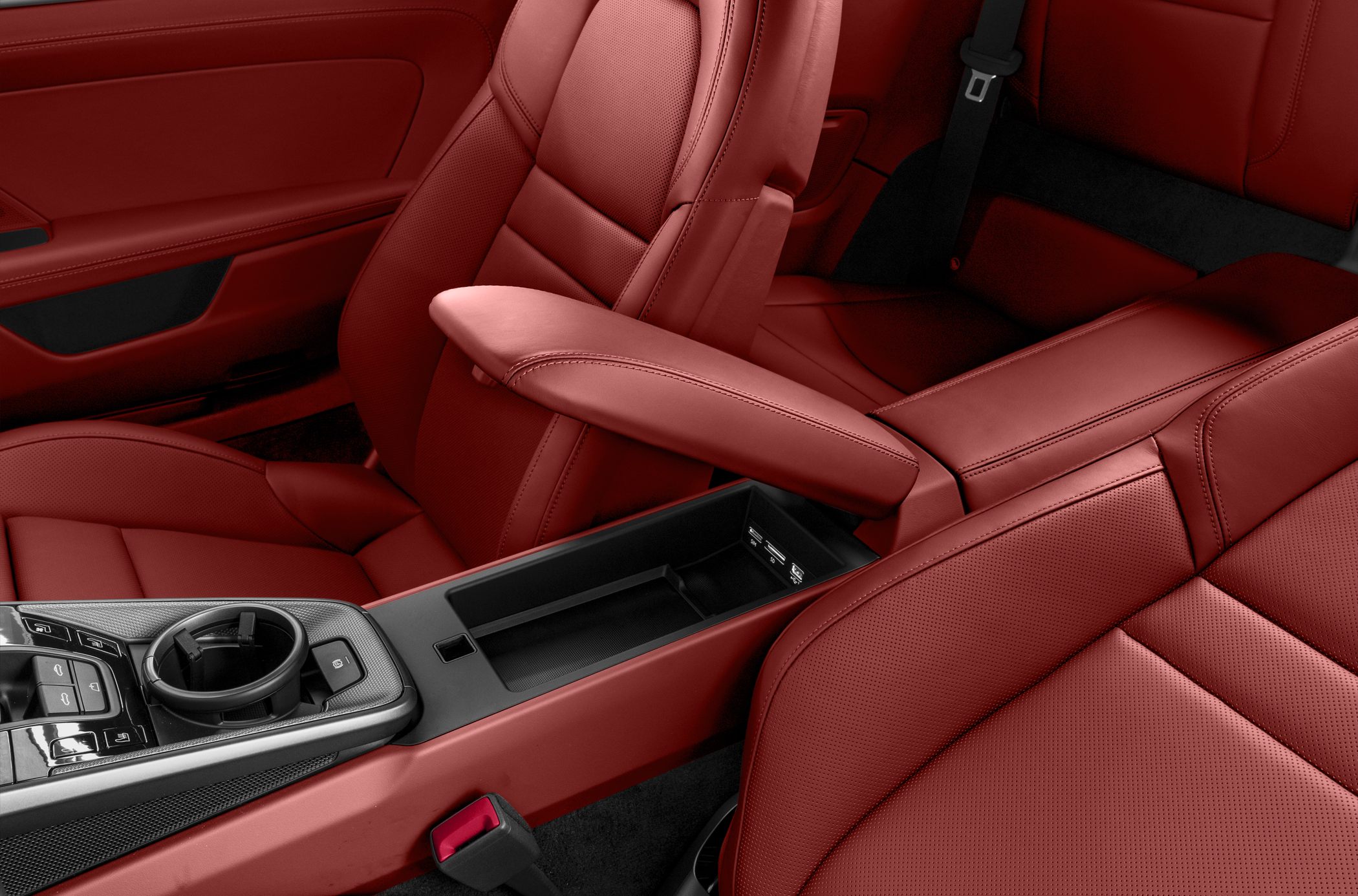 Red leather interior with center console and armrest