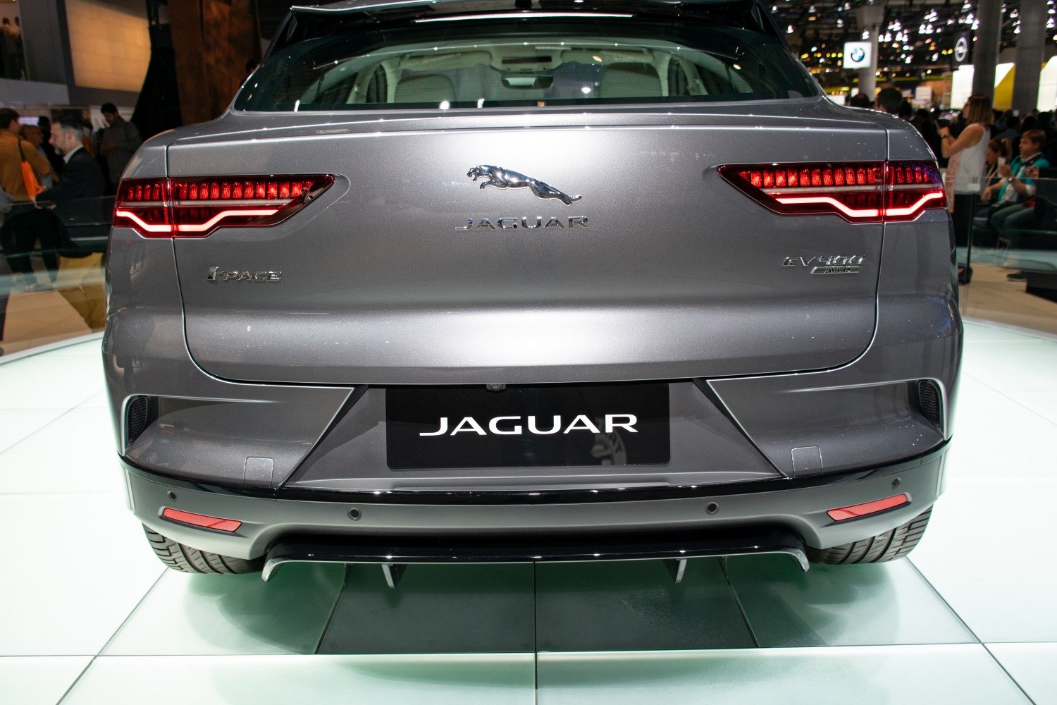 Jaguar I-Pace rear with LED taillights and emblem.