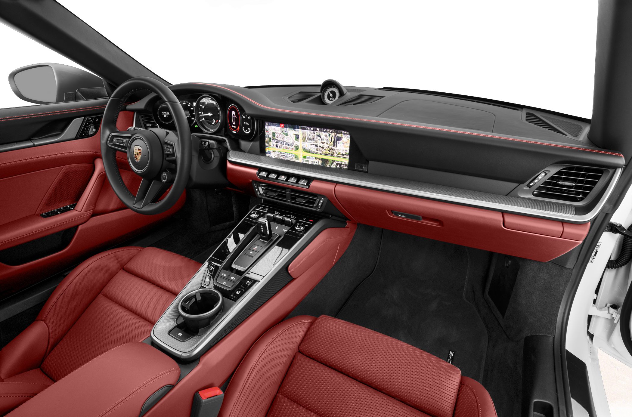 Red leather interior with digital dashboard and sporty steering wheel
