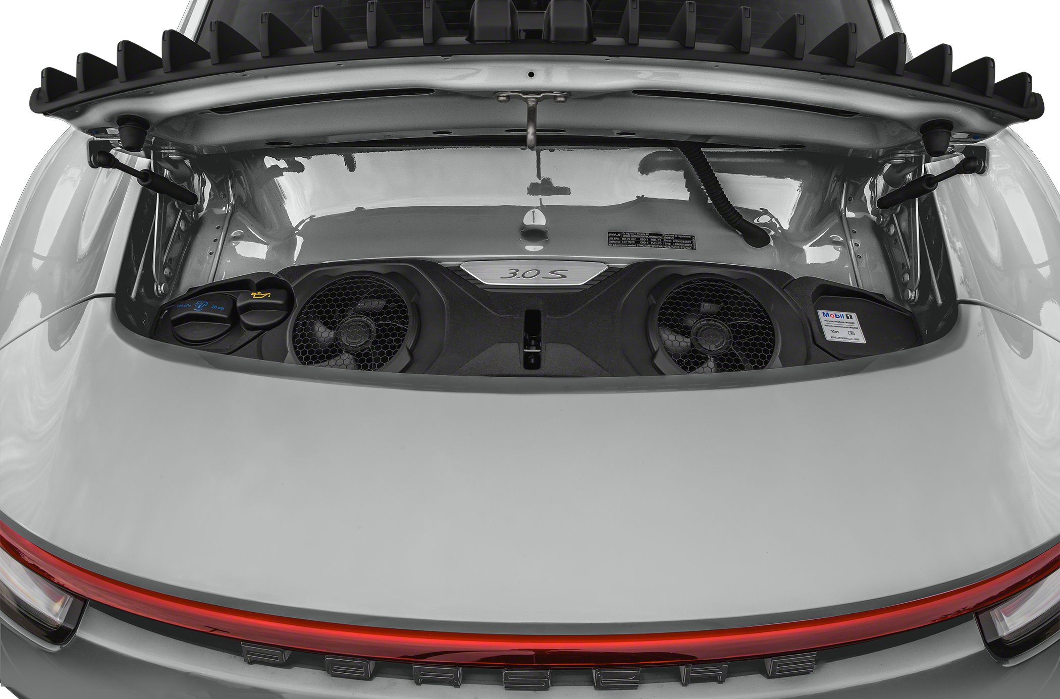 Rear engine bay with cooling fans and 3.0 S engine label