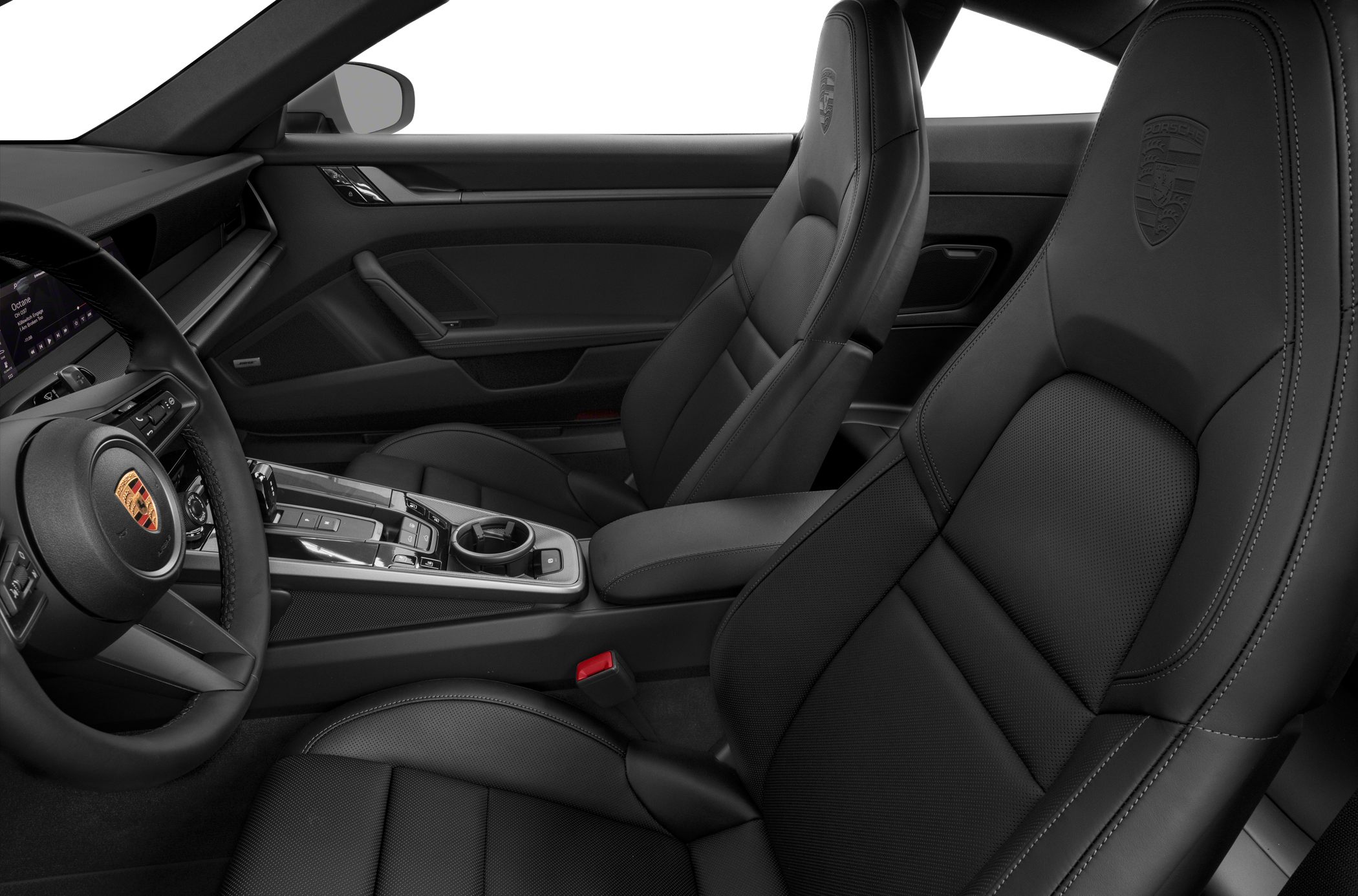 Black leather sport seats with embossed logo and modern center console