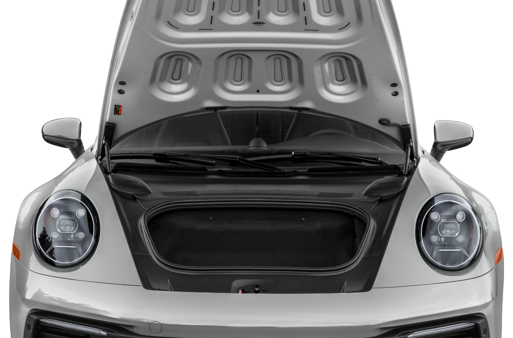 Front trunk storage (frunk) space with hood open and round LED headlights