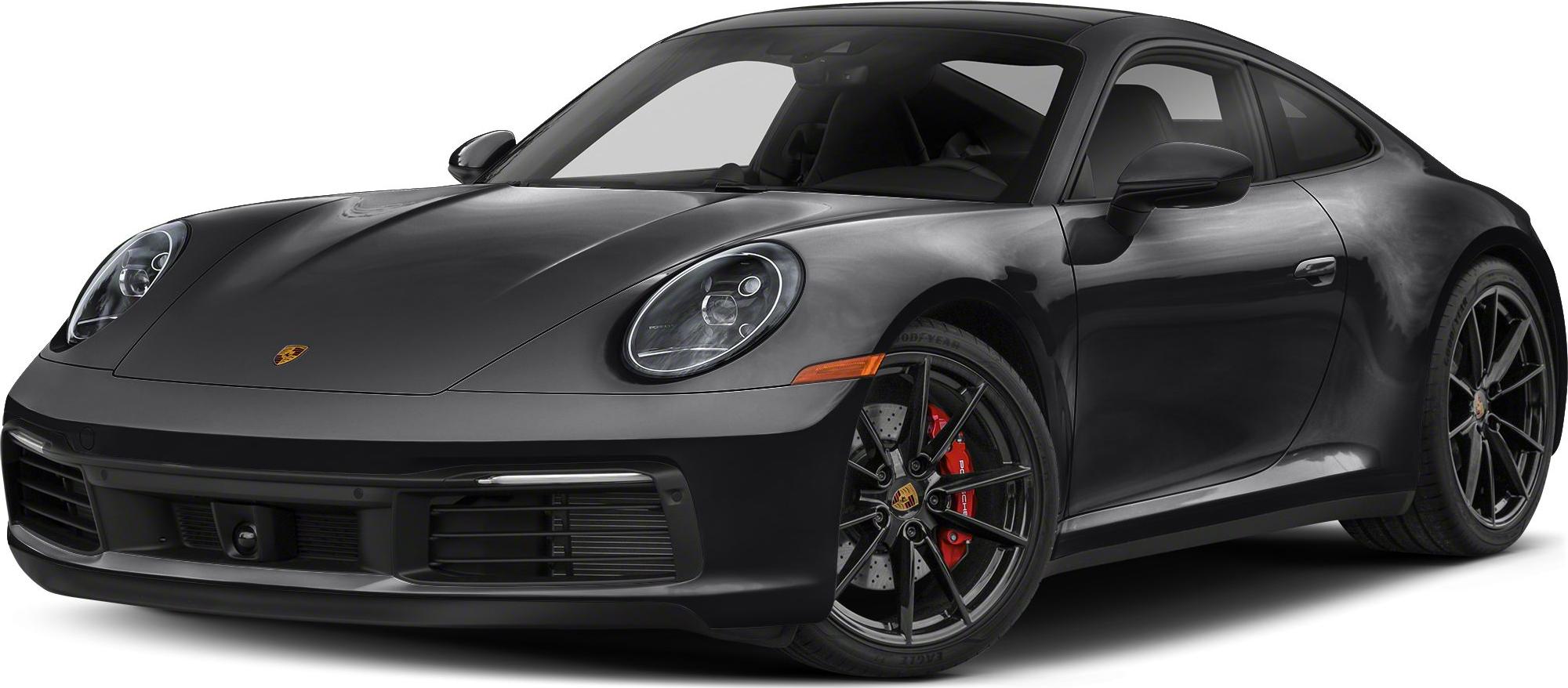 Front side view of a black Porsche 911 992 coupe.