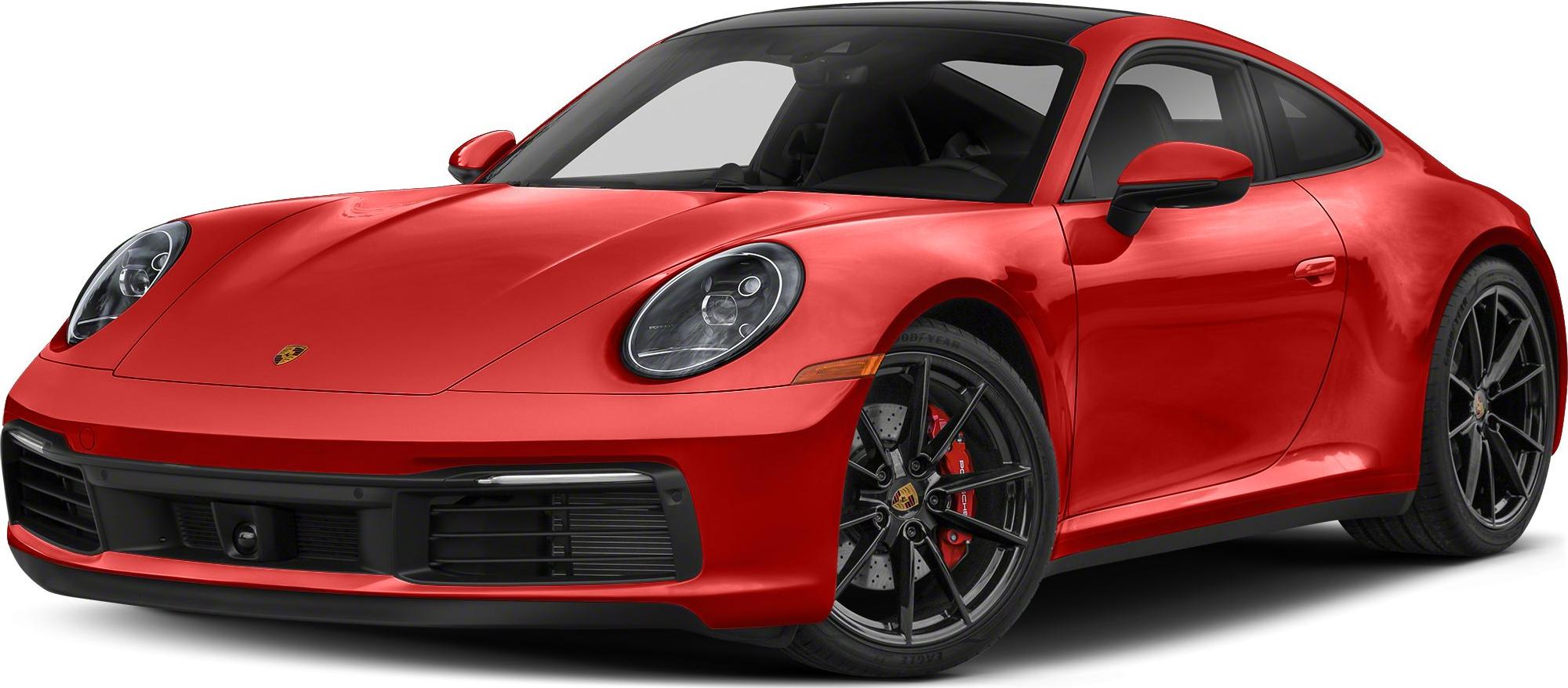 Red sports coupe front view with black wheels and LED headlights