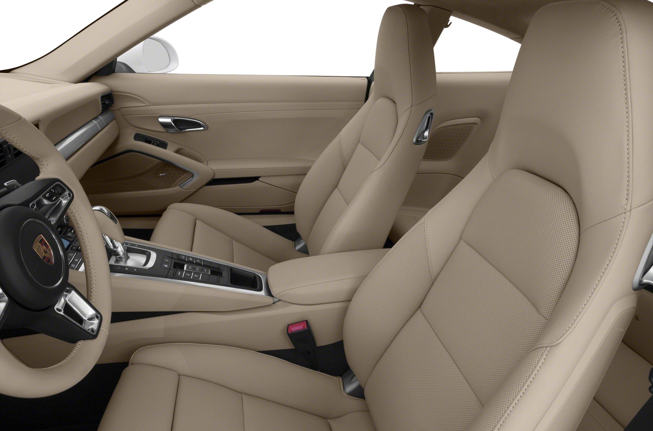 Beige leather seats and interior design with center console and door panel.