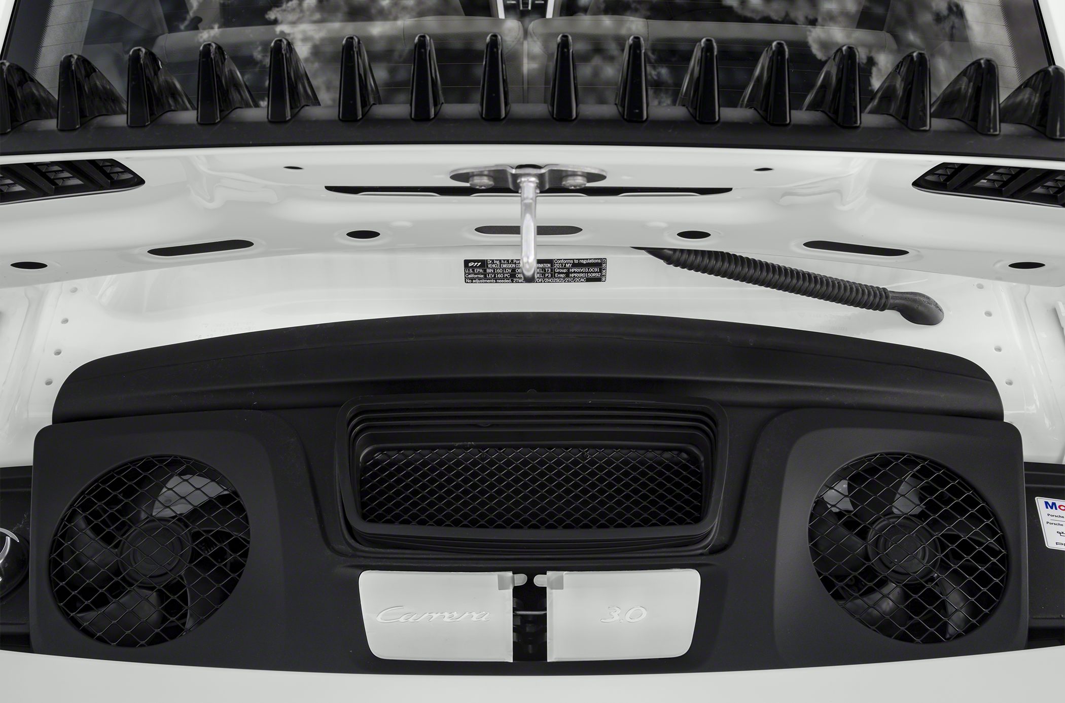 Rear engine cooling vents with mesh grills and dual fans