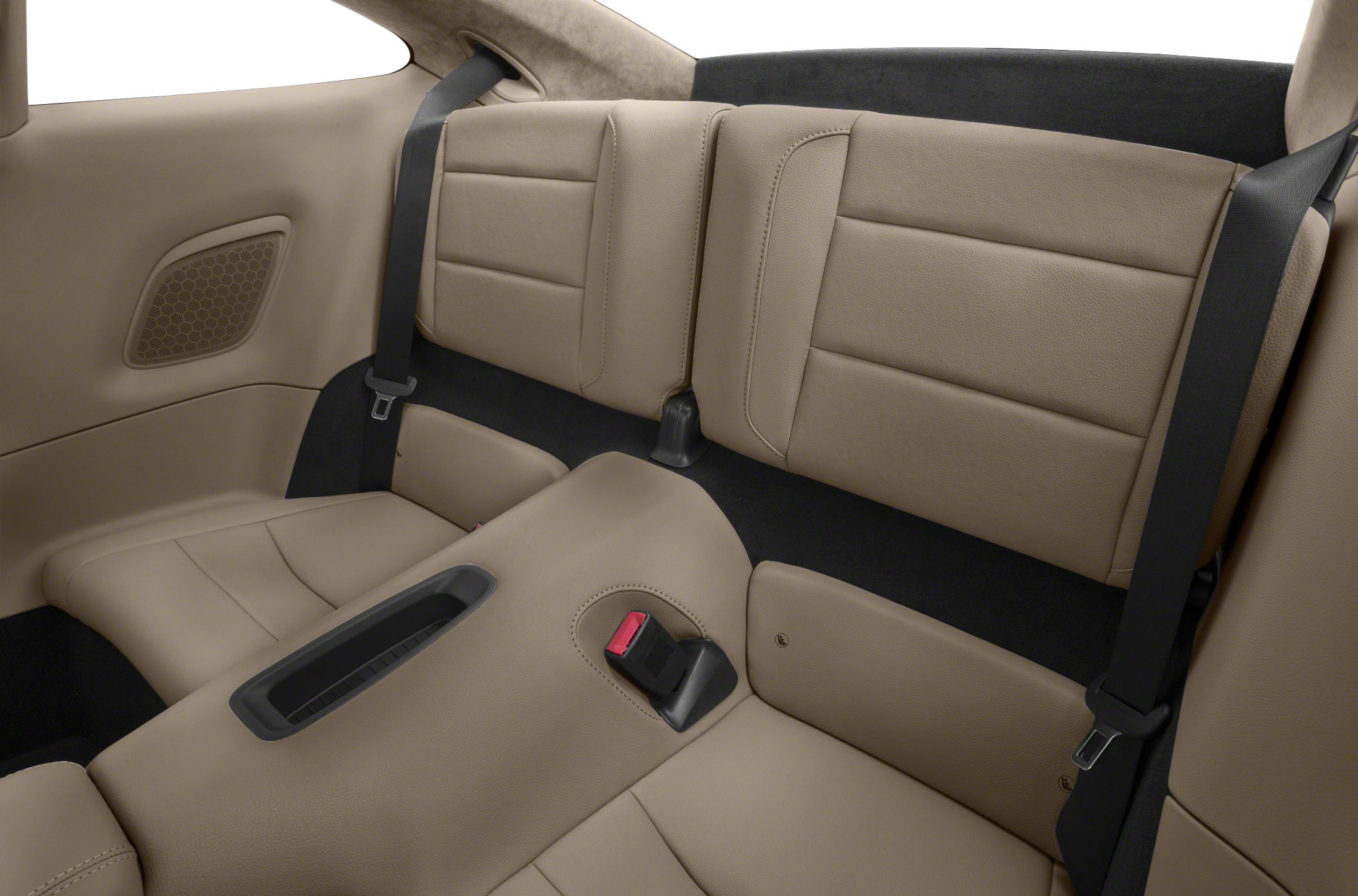Beige rear seat with seatbelts and storage compartment