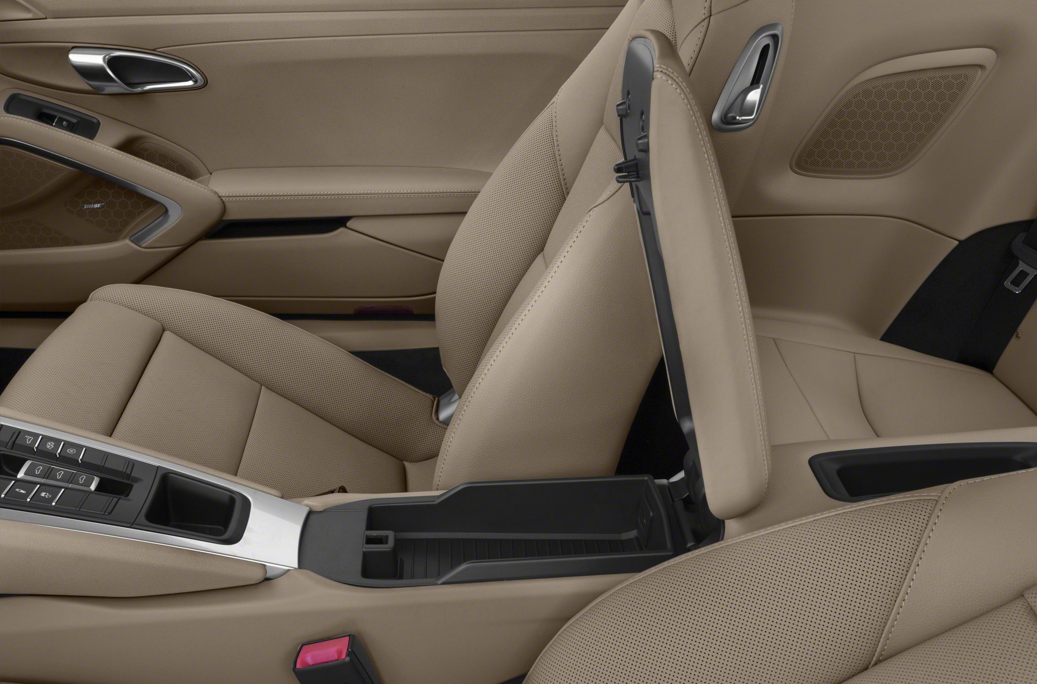 Beige perforated leather seats and center console with storage compartment