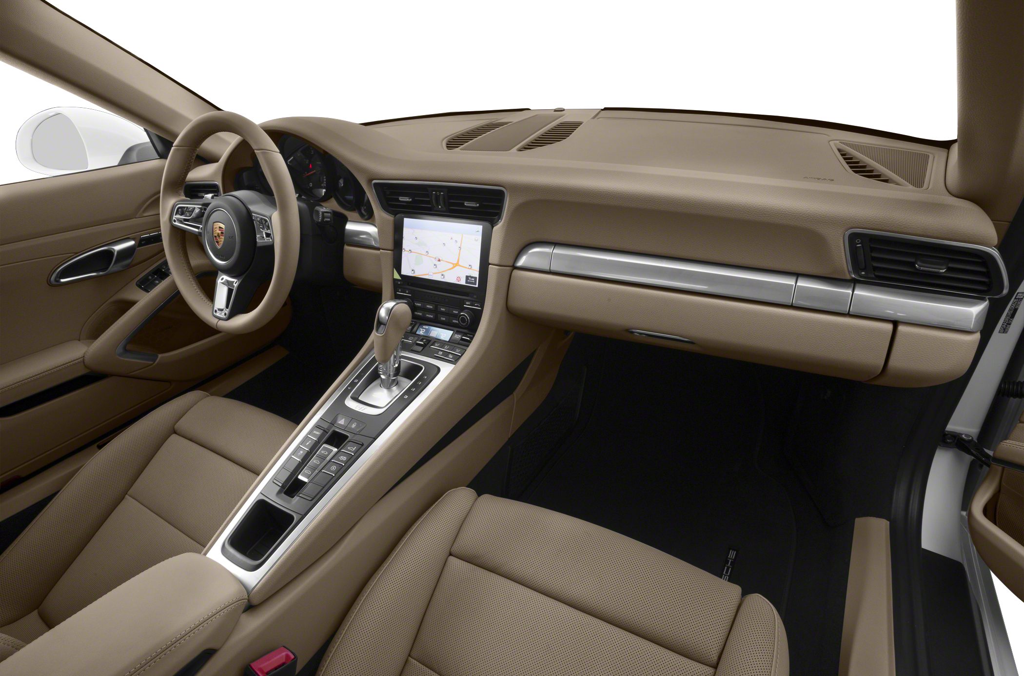 Beige leather dashboard, steering wheel, touchscreen infotainment