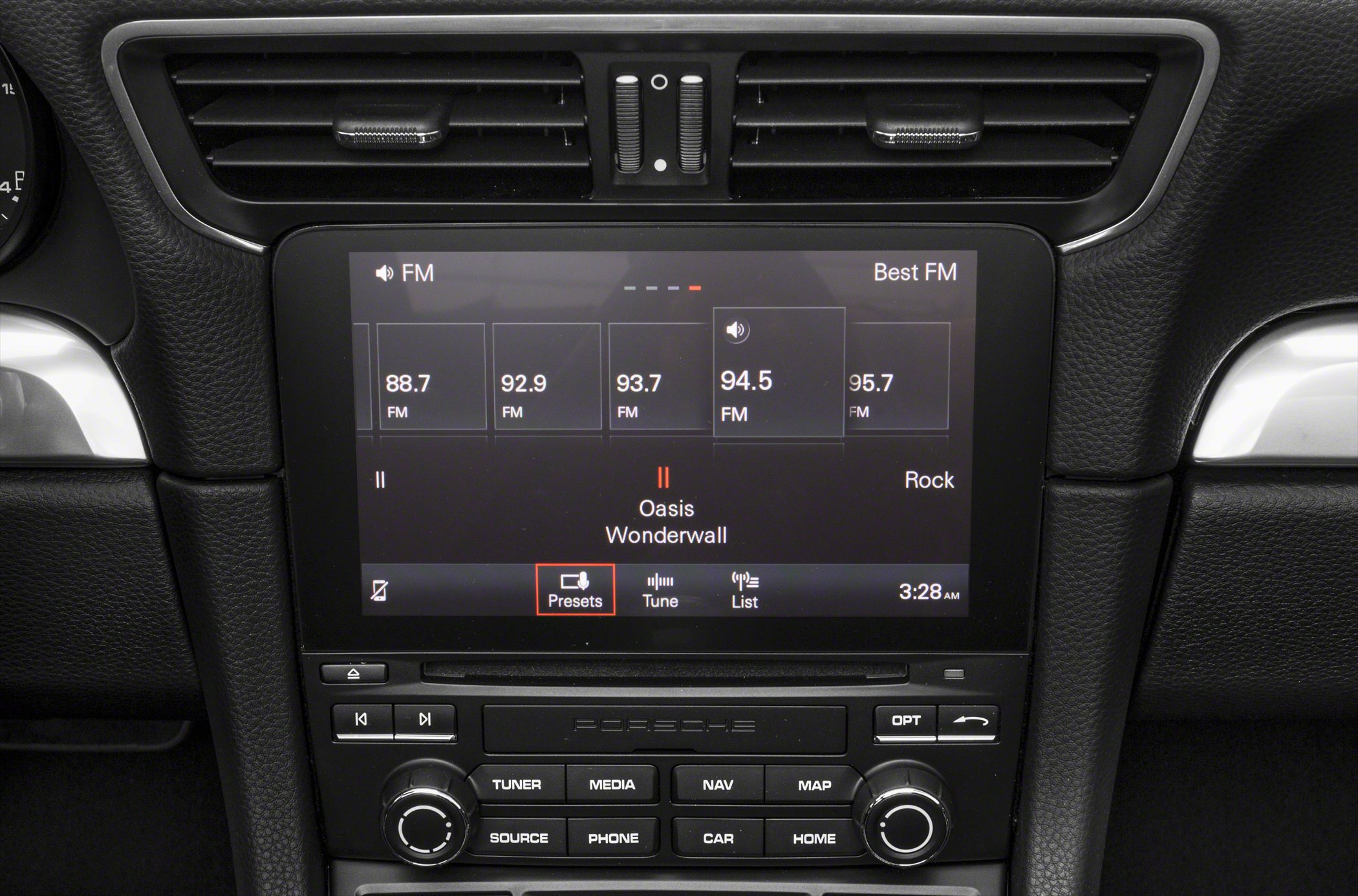 Touchscreen FM radio and control buttons in car infotainment system