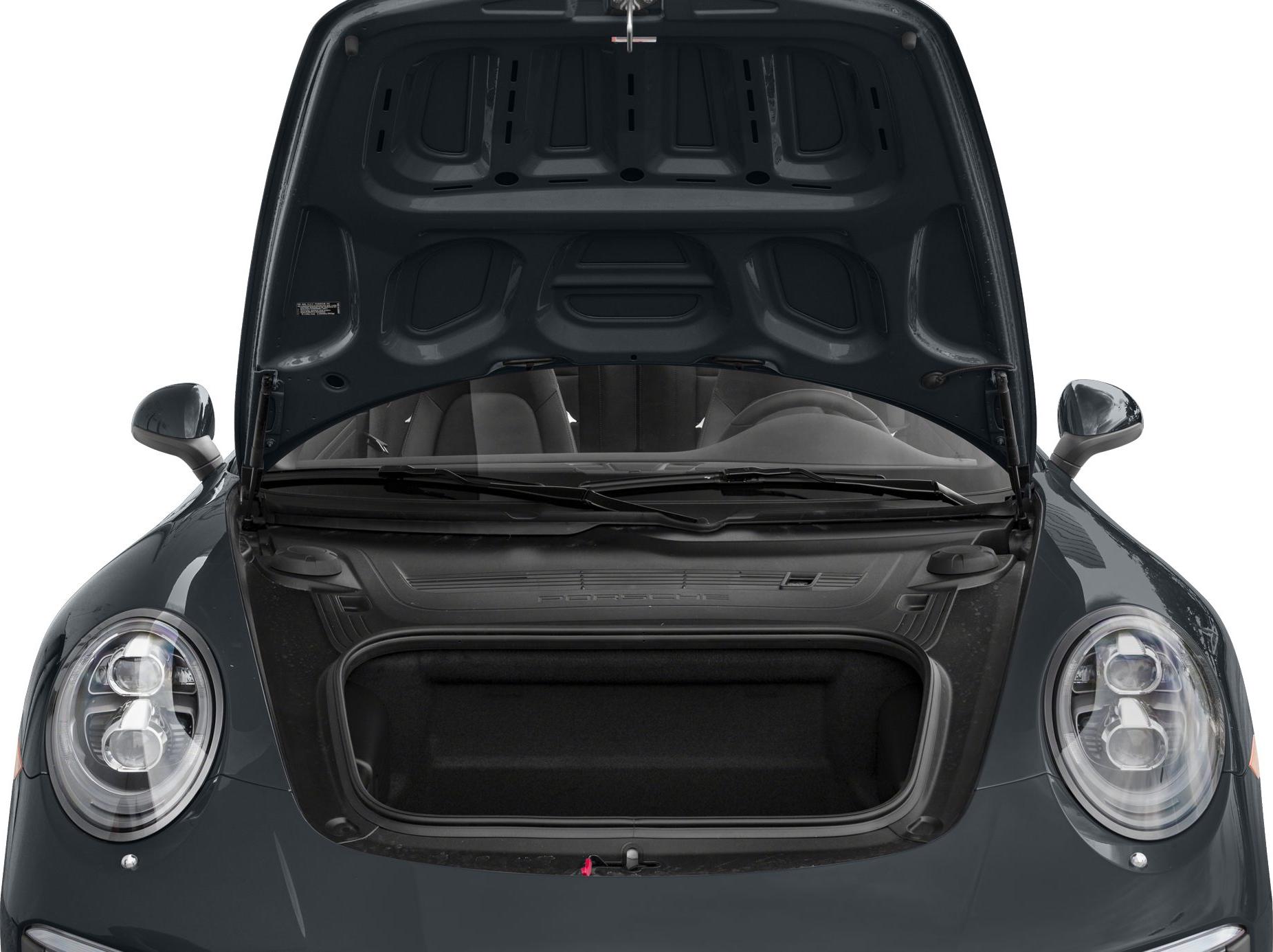 Front trunk (frunk) storage with open hood and dual headlights