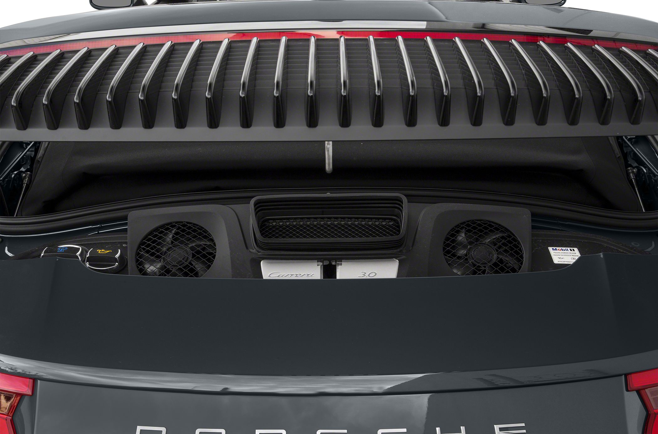 Rear-engine bay with 3.0L Carrera engine and air vents