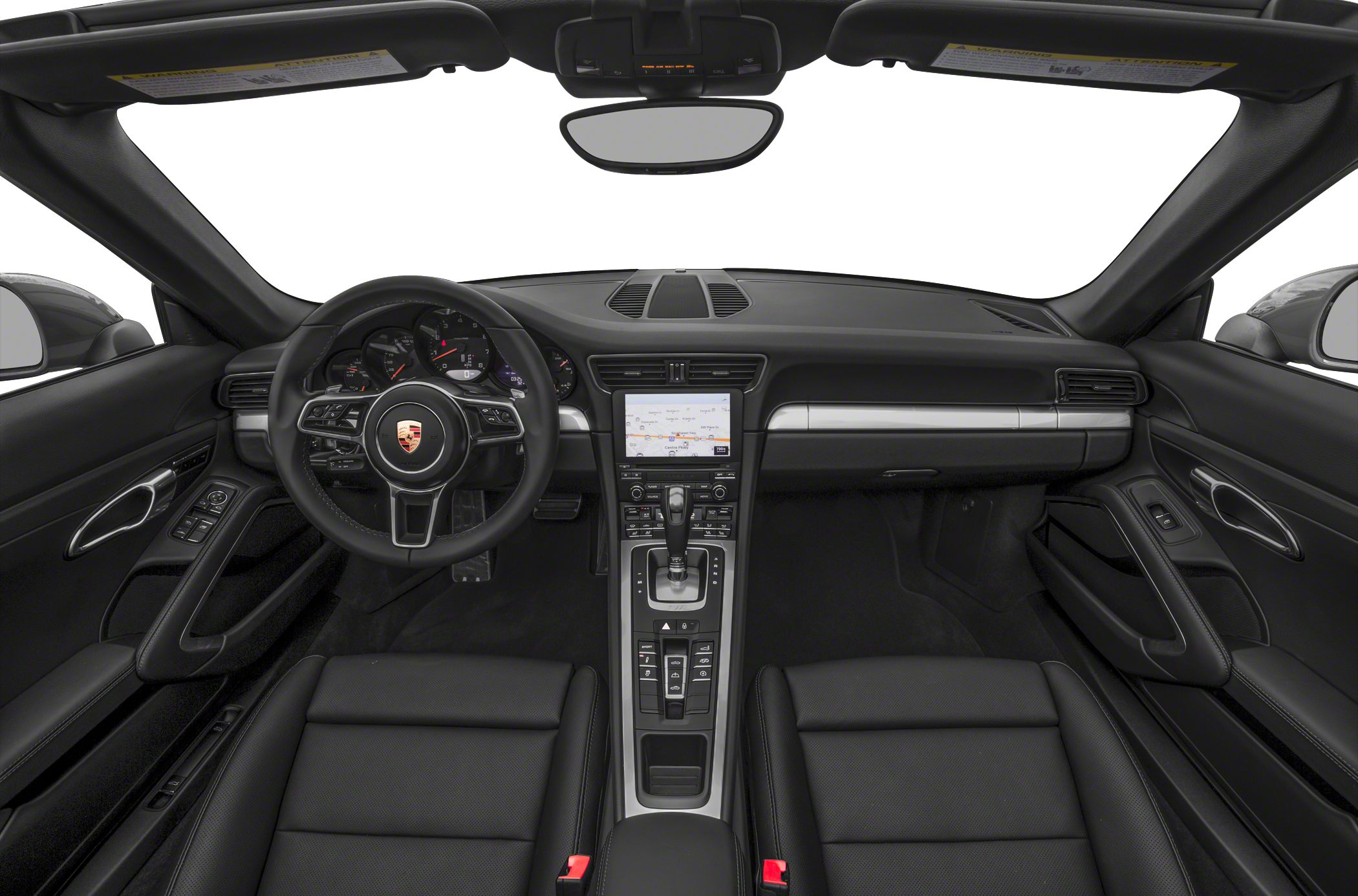 Dashboard and steering wheel interior with center console and black leather seats