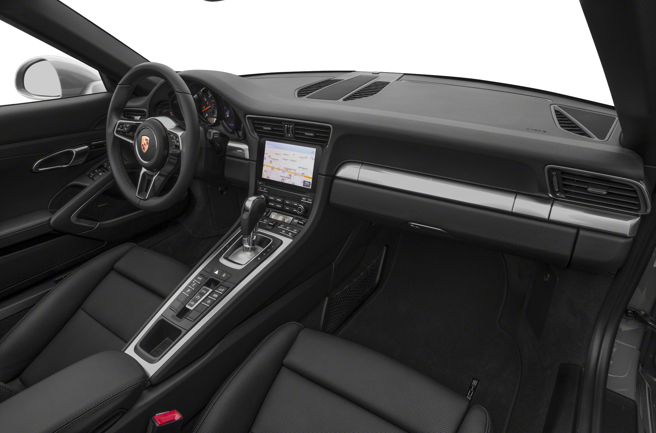 Sophisticated car interior with dashboard, touchscreen infotainment, and steering wheel.