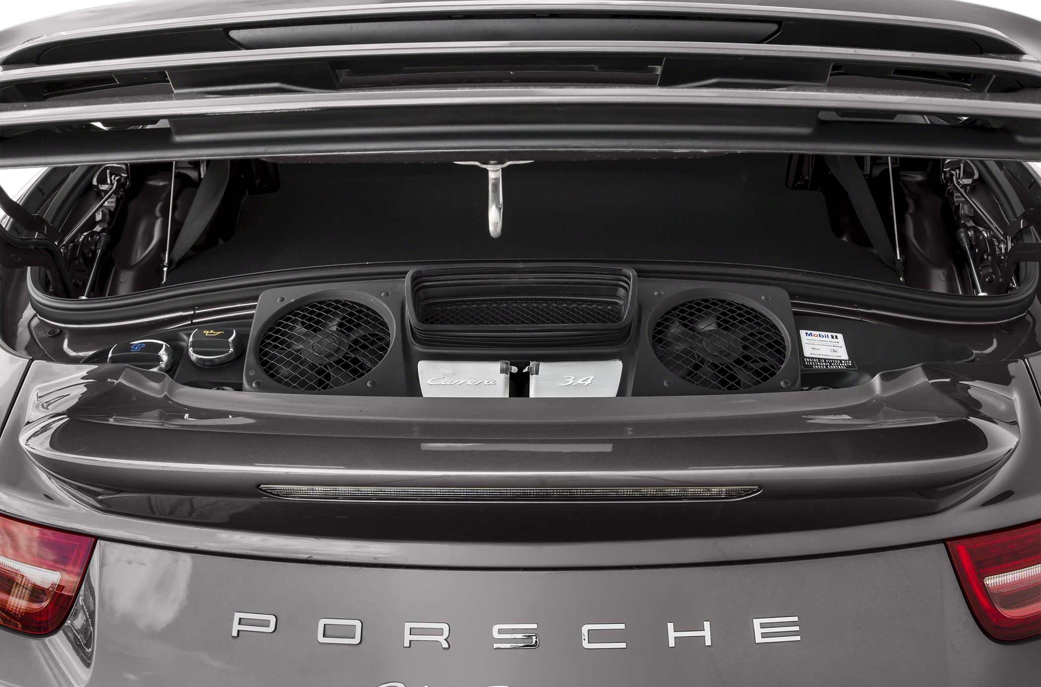 Rear engine compartment with twin fans and engine cover