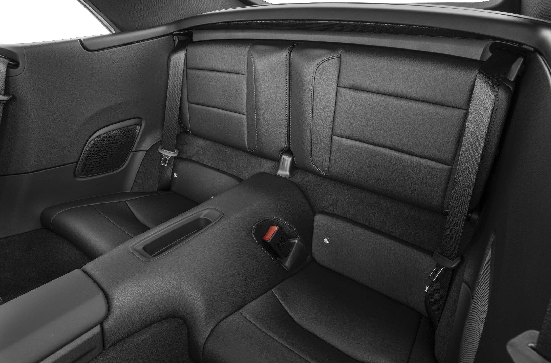 Black leather rear seats with seatbelts and central console
