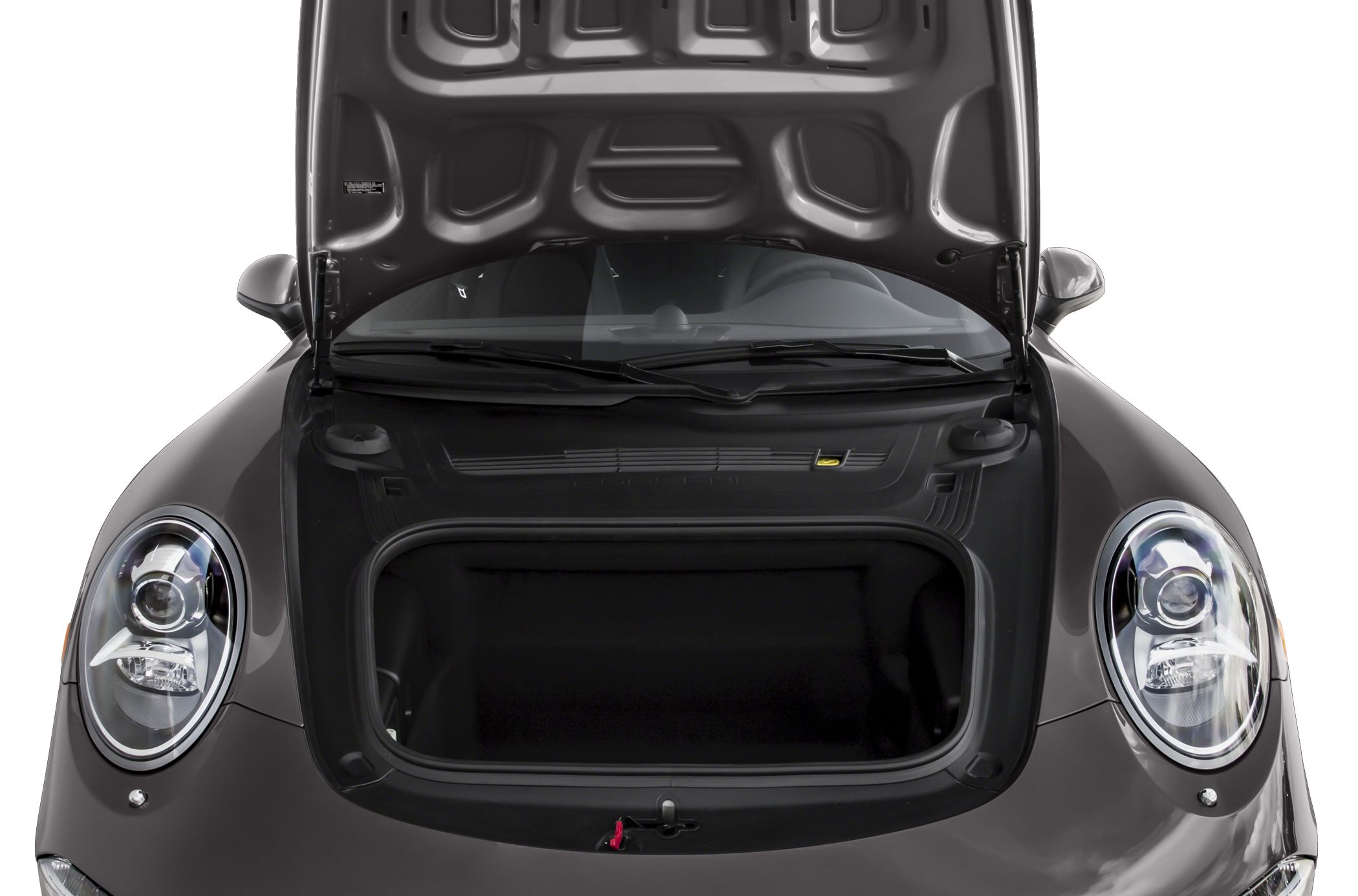 Open front trunk with visible storage space and headlights
