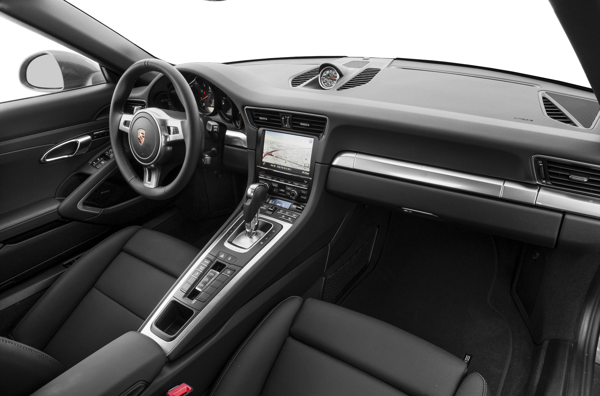 Interior view with dashboard, steering wheel, and center console
