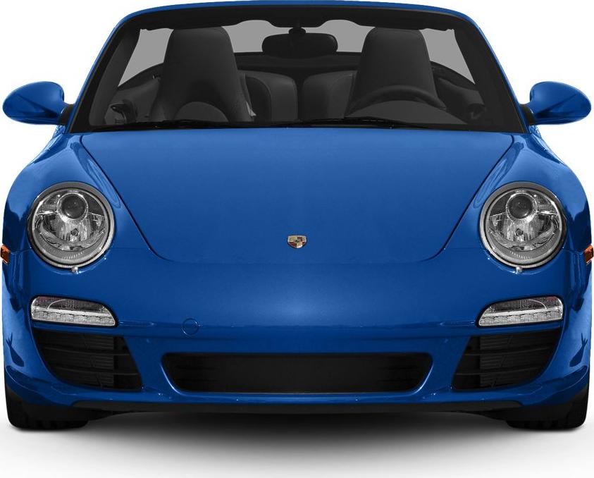 Front view with round headlights and sleek blue body