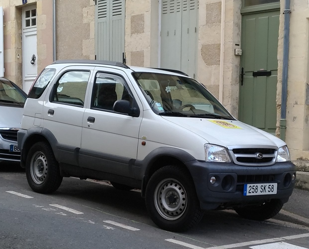 Compact SUV with black plastic cladding and roof rails