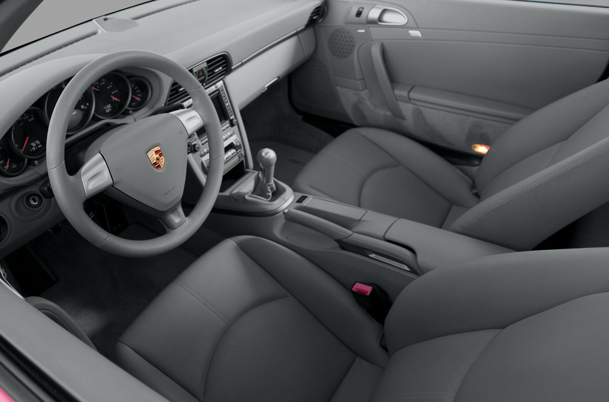 Manual gear shift, steering wheel, sporty car interior
