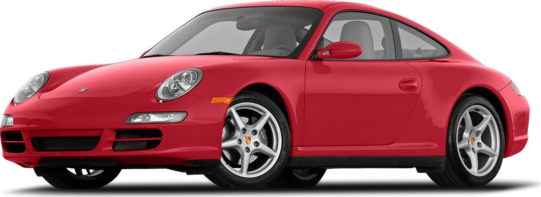 Red sports coupe with aerodynamic shape and distinctive Porsche alloy wheels
