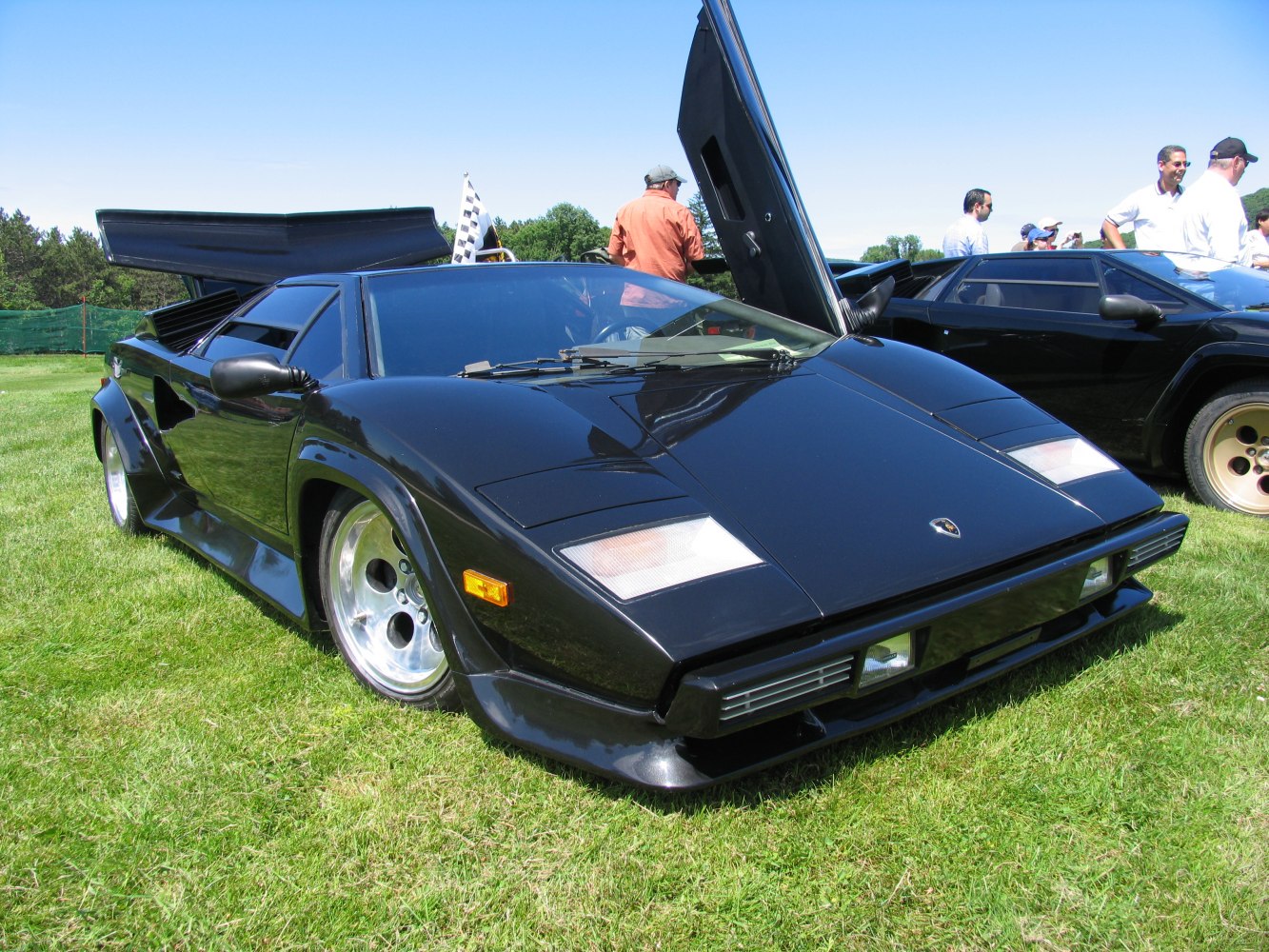 Black sports car with scissor doors and large rear wing