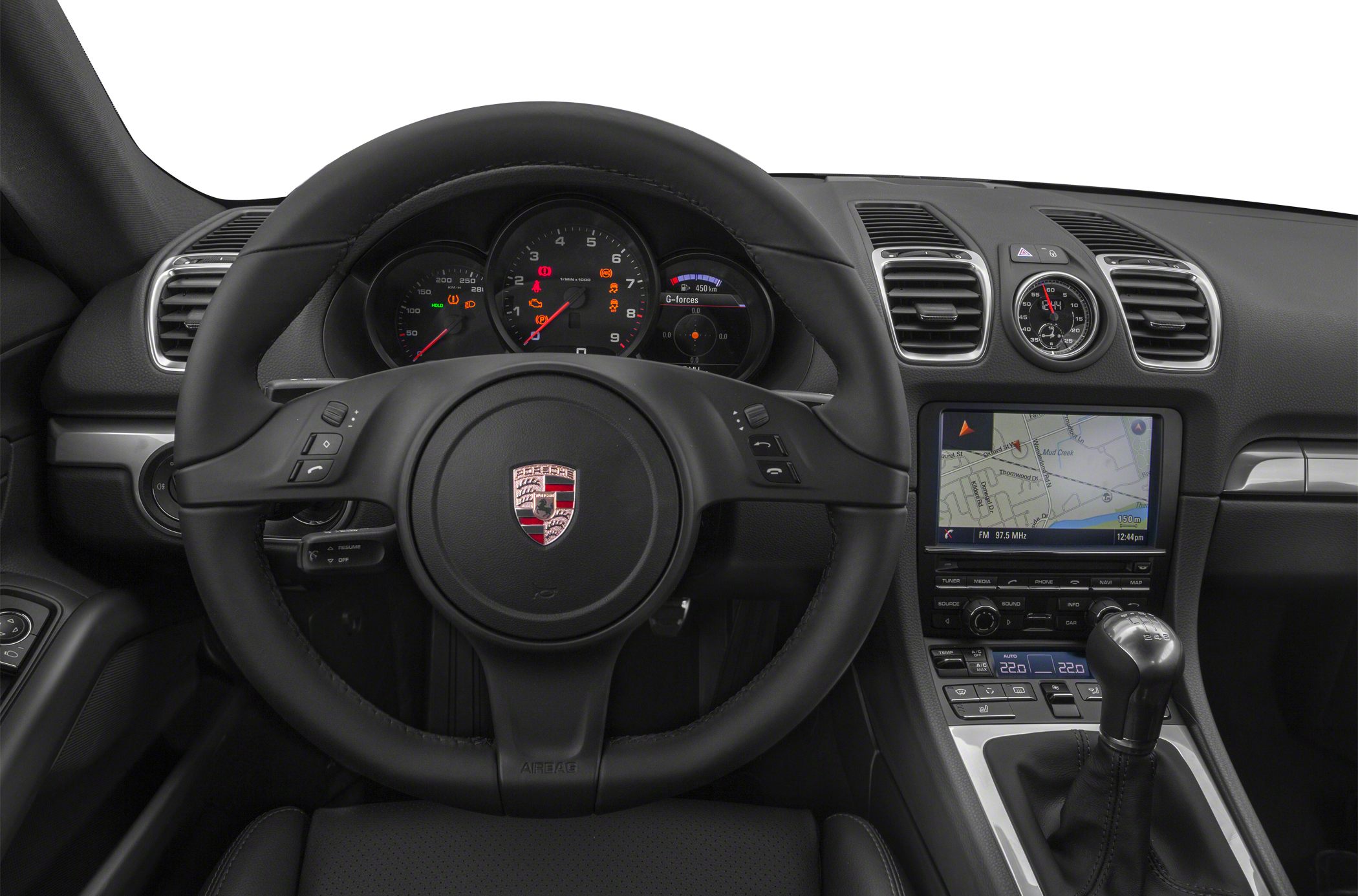Interior dashboard with manual gear shift and navigation screen