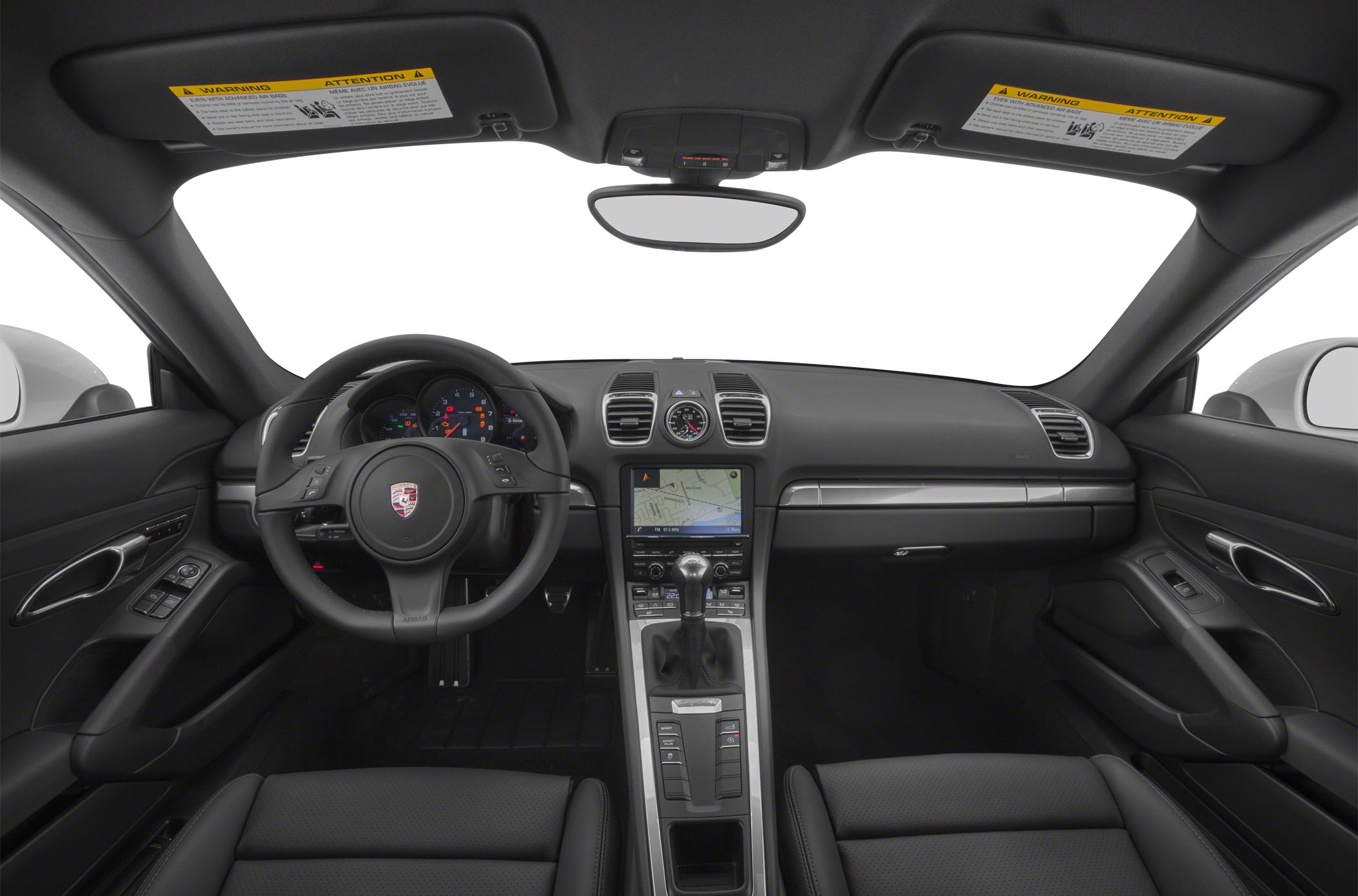 Sports car interior with dashboard, steering wheel, and central console.