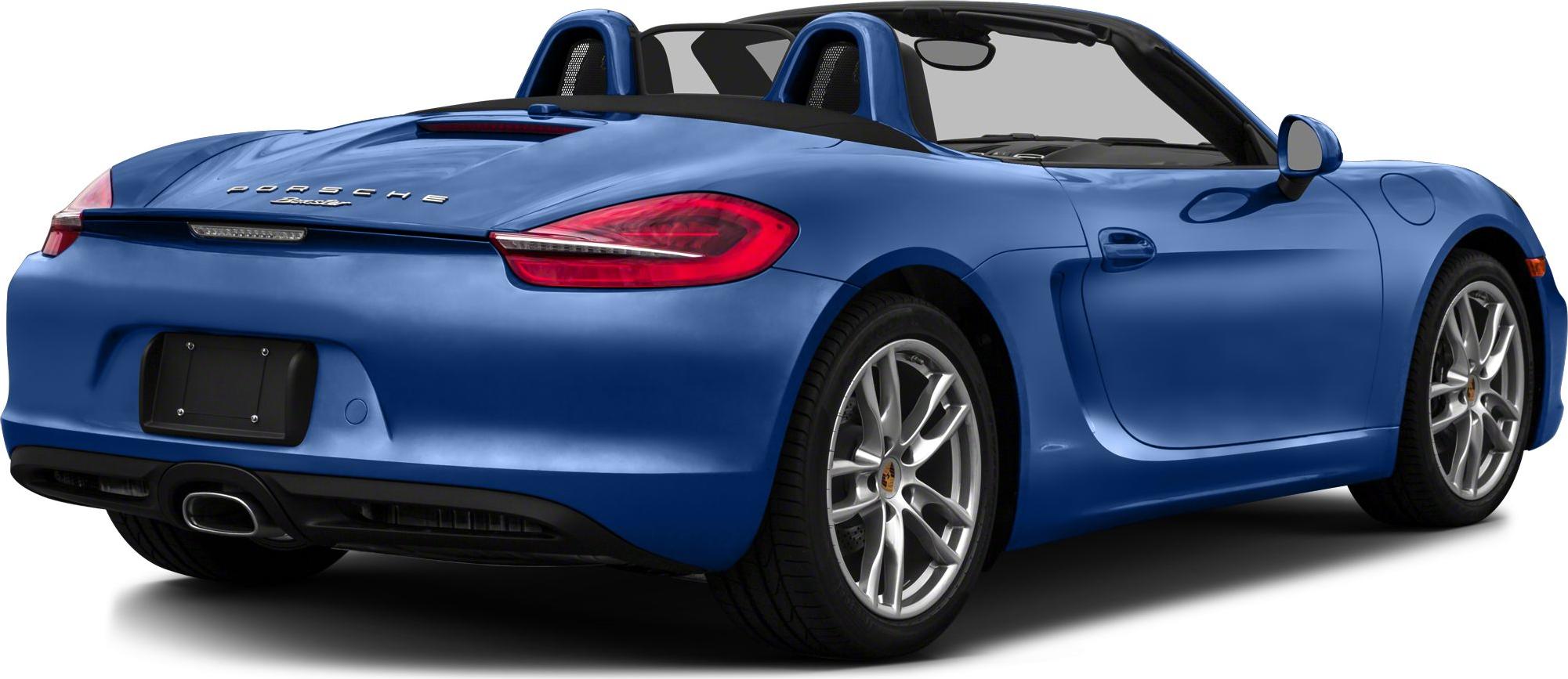 Rear view of blue convertible with exhaust and alloy wheels