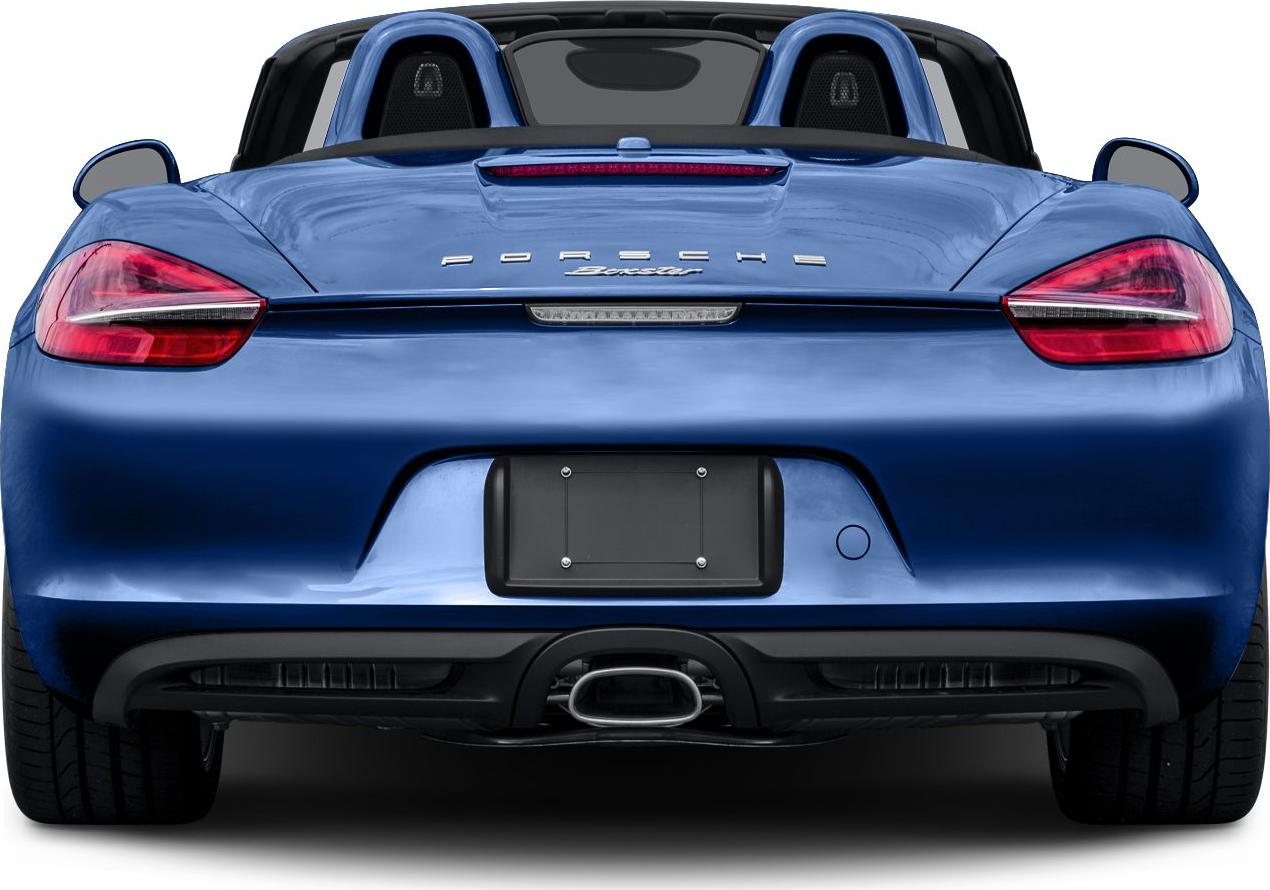 Rear view of blue convertible with distinct tail lights and center exhaust