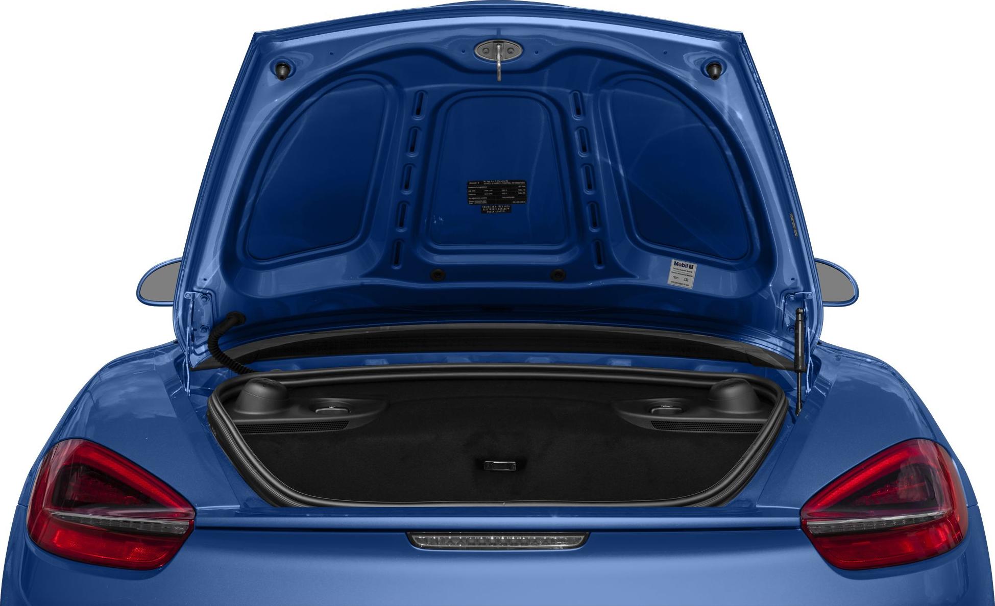 Rear trunk open with visible storage space and trunk lid structure.