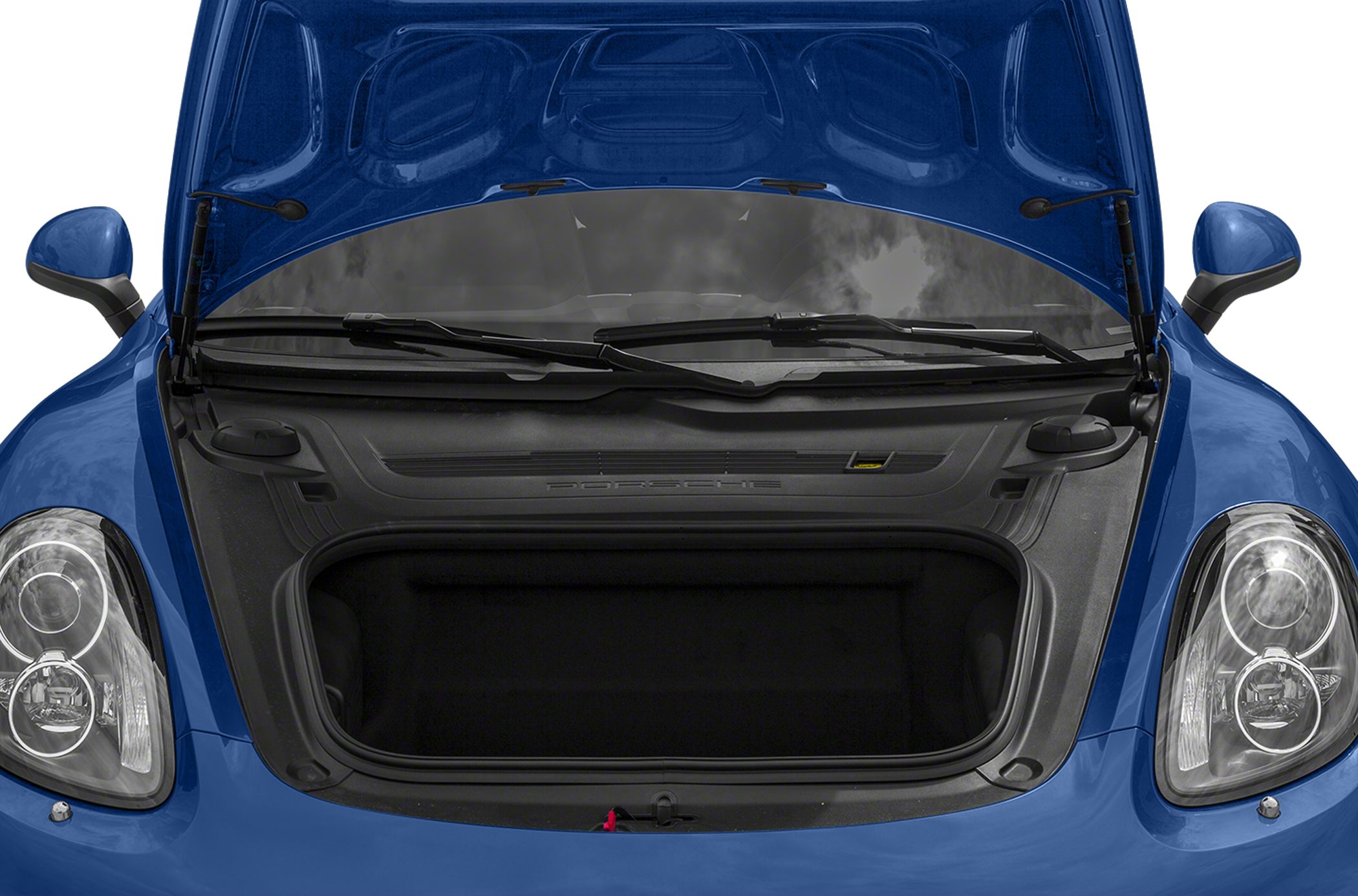 Front trunk (frunk) storage compartment with open hood and headlights.