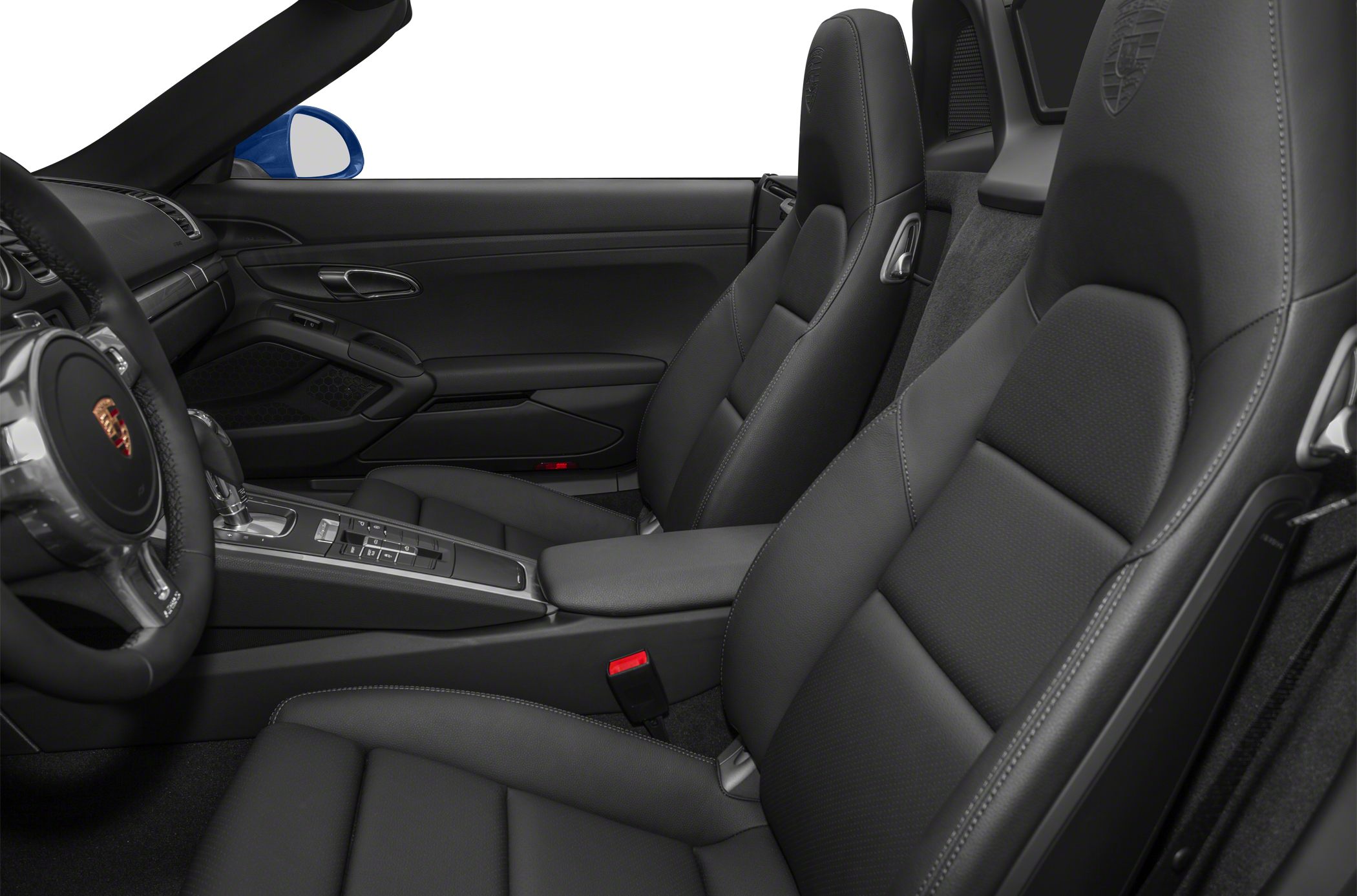 Black leather sporty seats with modern center console and steering wheel