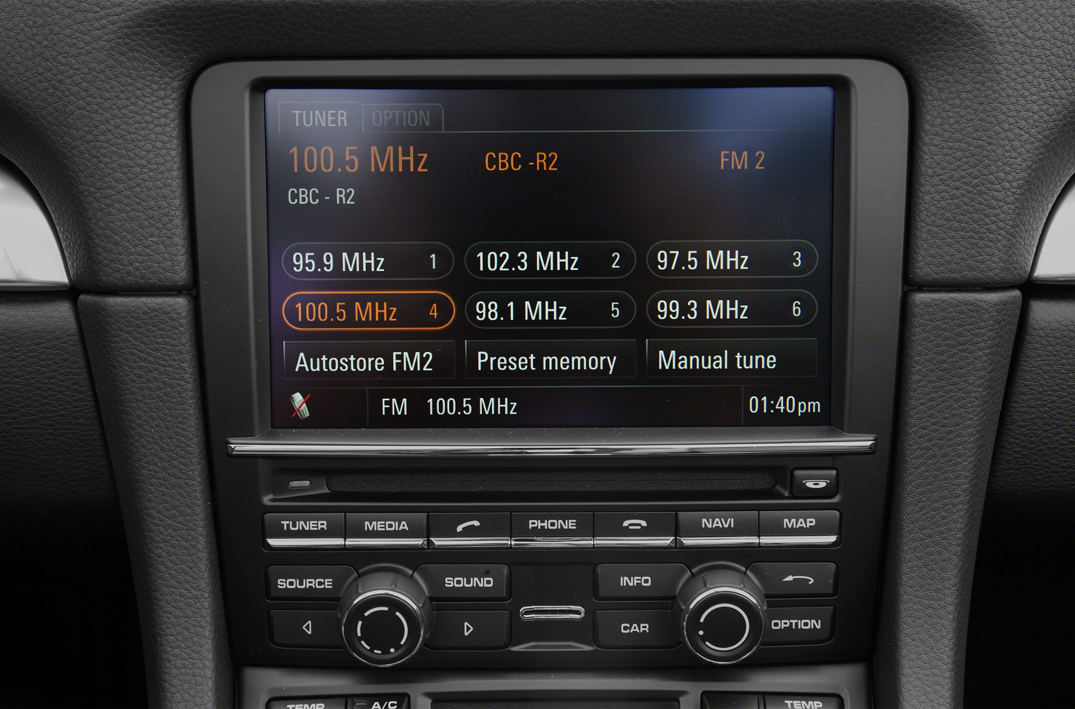 FM radio tuner interface with preset stations and control buttons