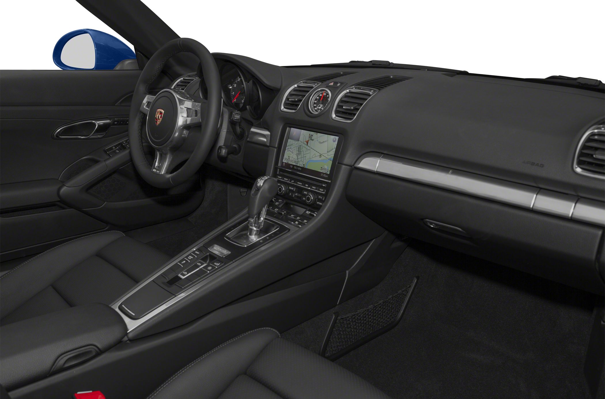 Dashboard, steering wheel, and center console with navigation display