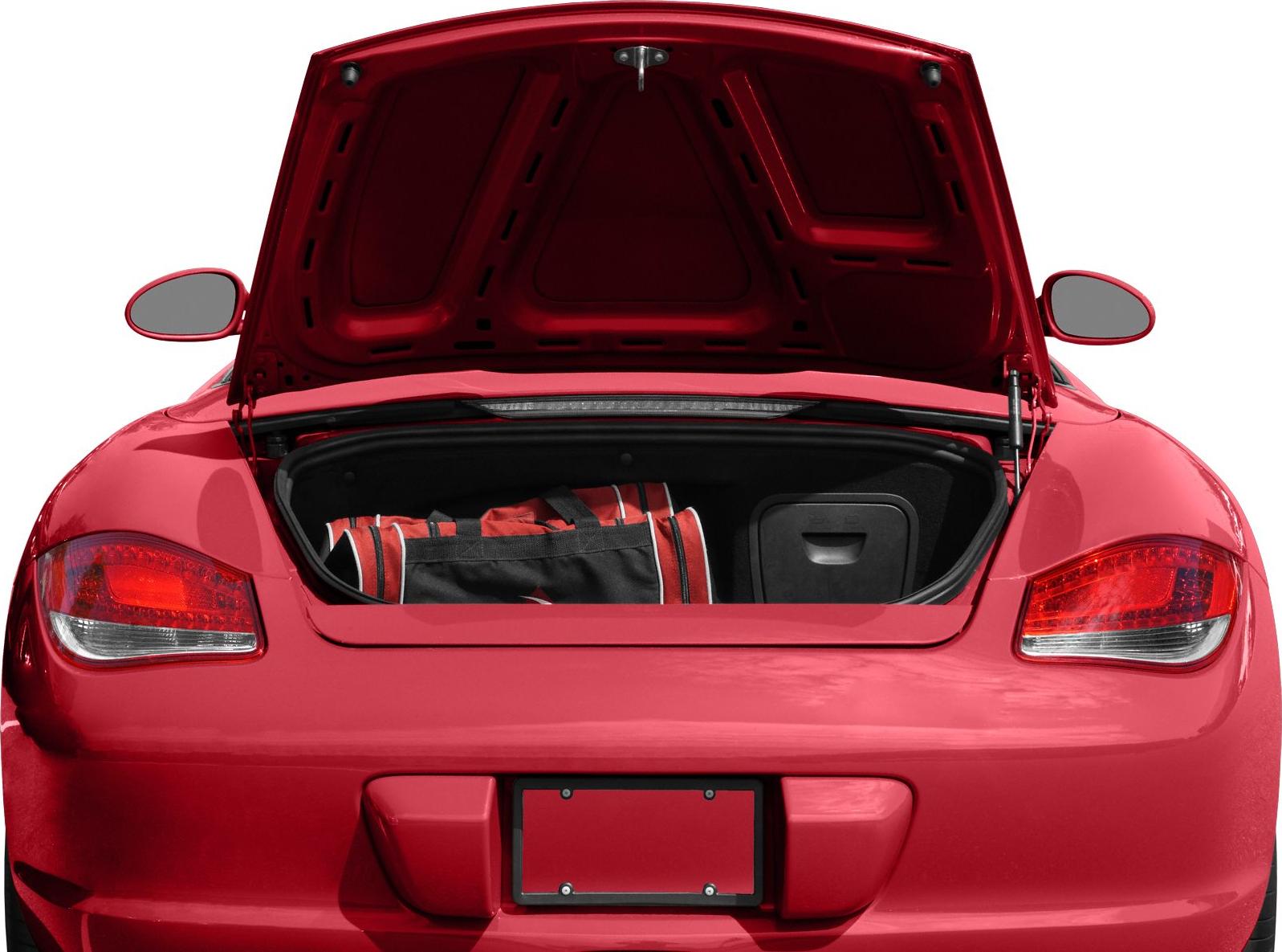 Rear trunk open showing storage space with luggage inside