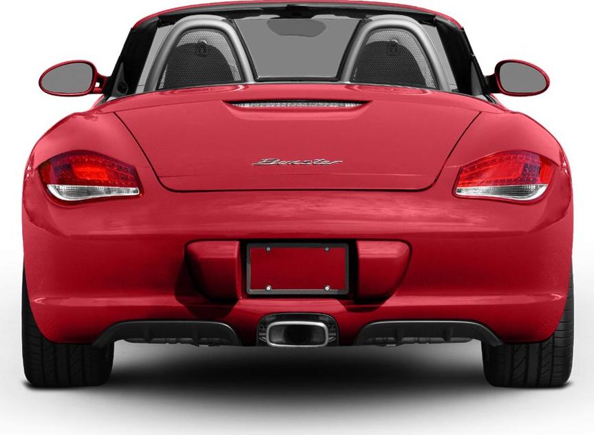 Rear view of a red convertible with distinctive tail lights and exhaust.