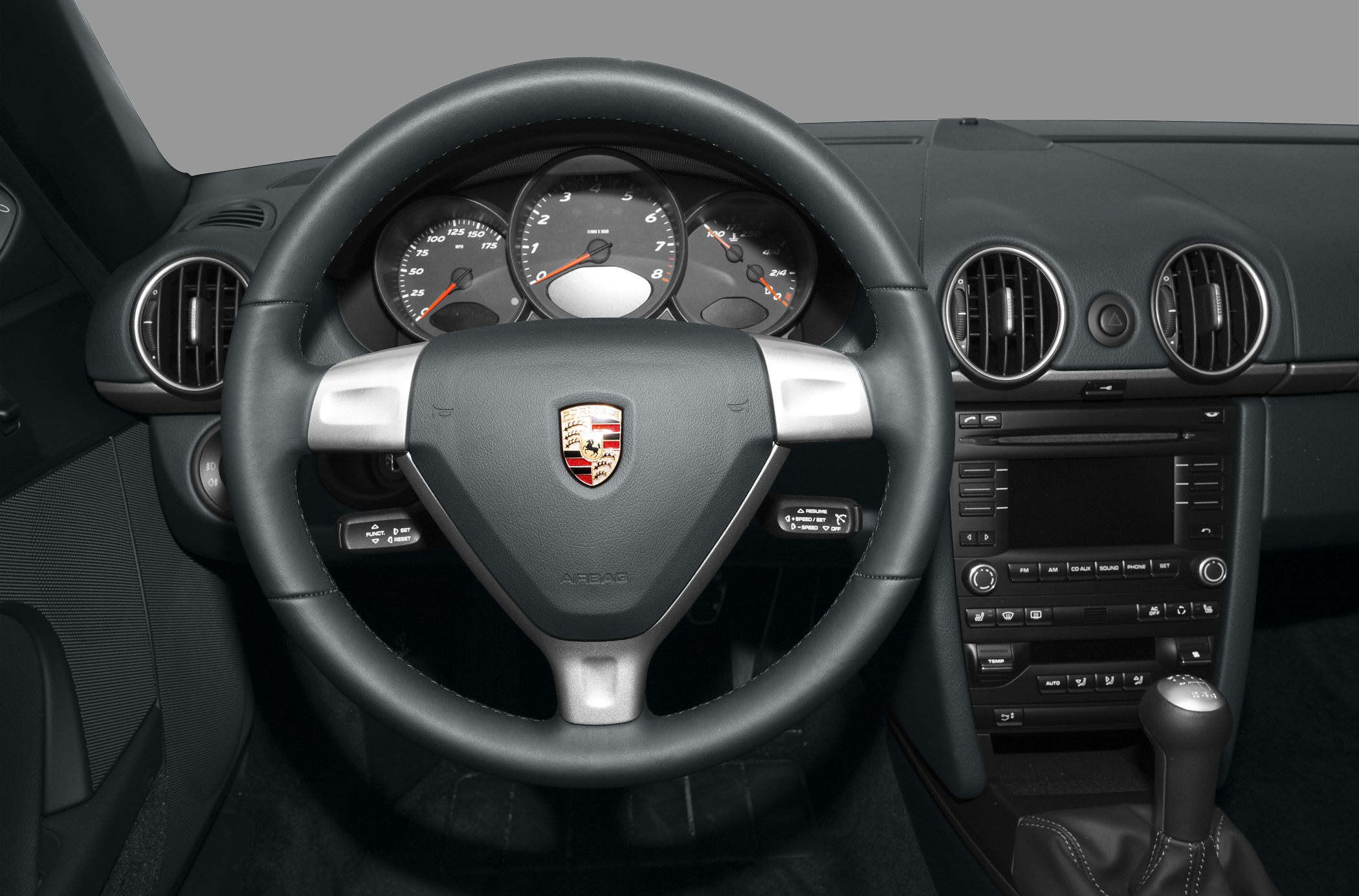 Steering wheel and dashboard with instrument cluster and controls