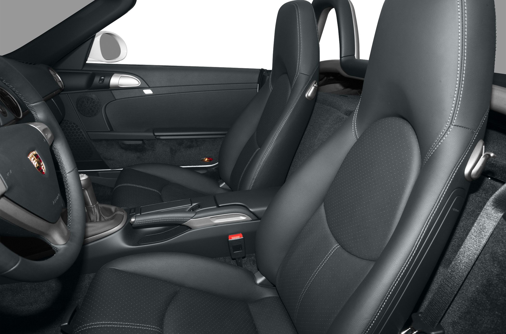 Black leather sporty front seats and interior details