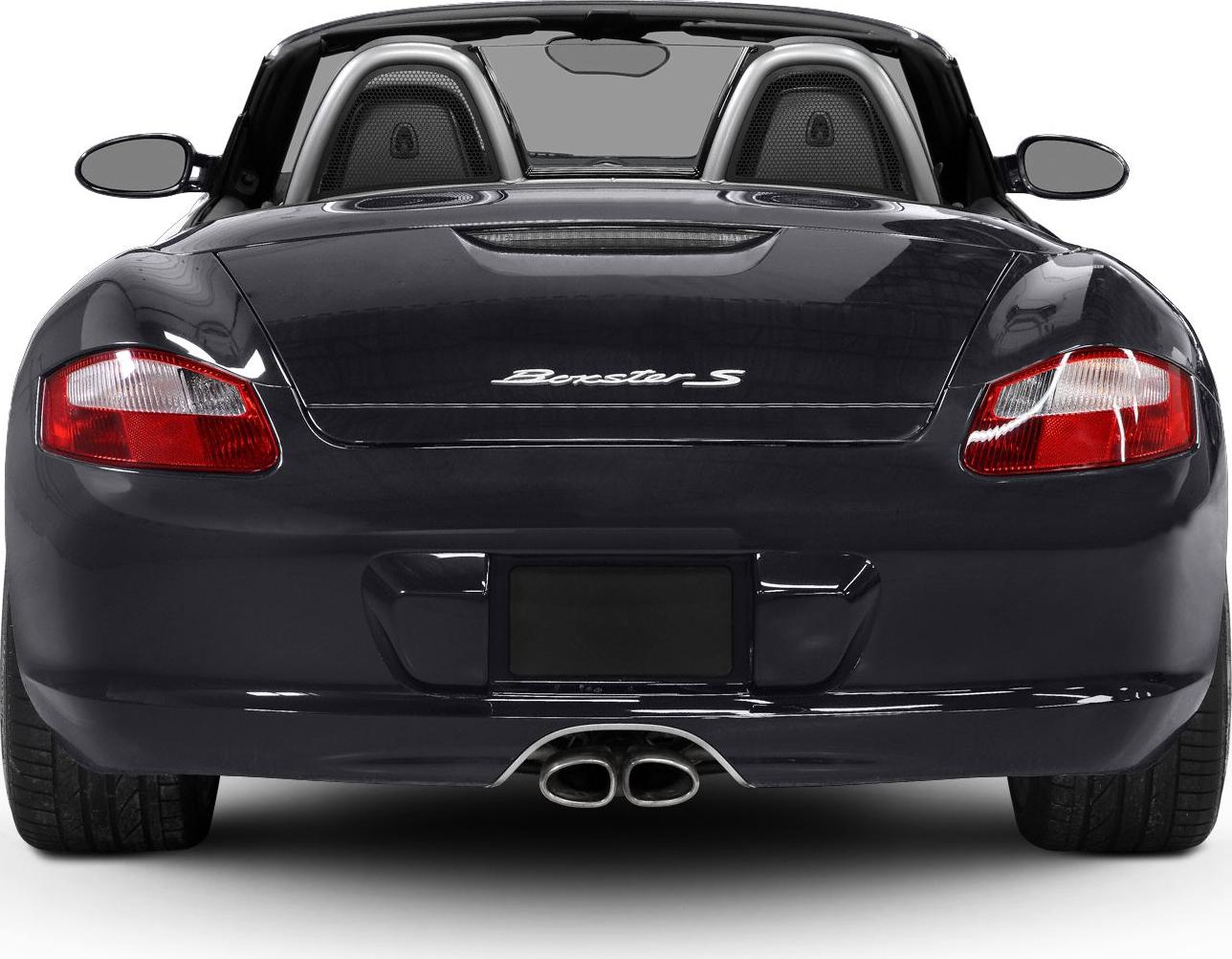 Rear view of convertible sports car with taillights and dual exhaust pipes