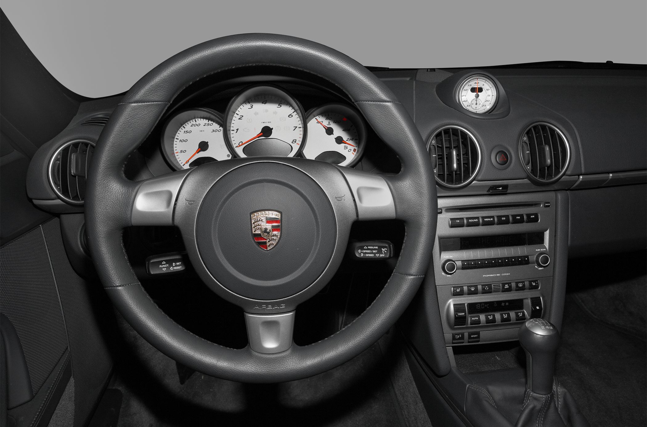 Dashboard, steering wheel, and instrument cluster of a sports car interior